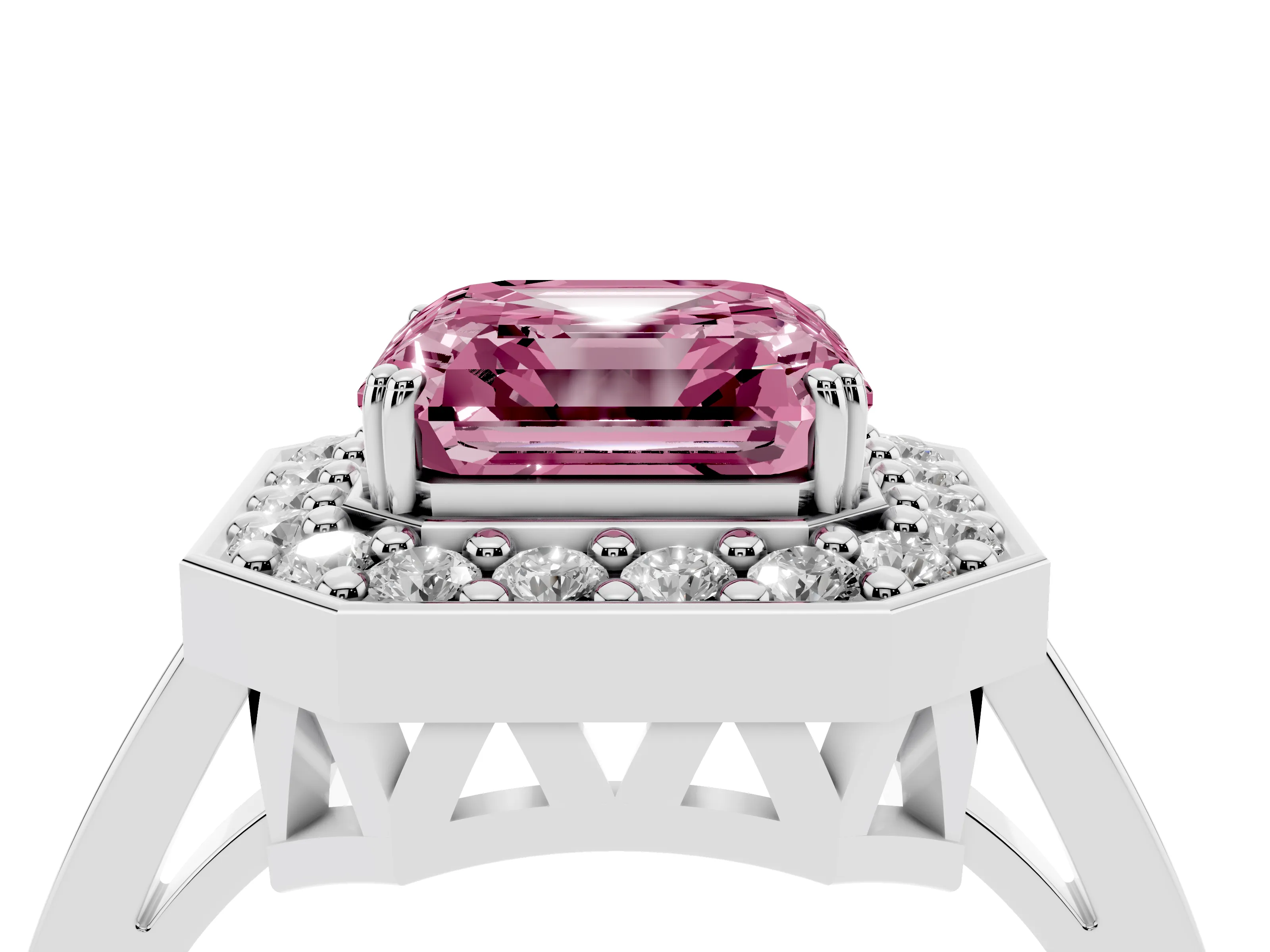 Fancy Pink Asscher Cut Diamond Halo Ring Set in Silver with Accent-Lined Split Shank and Prong Setting