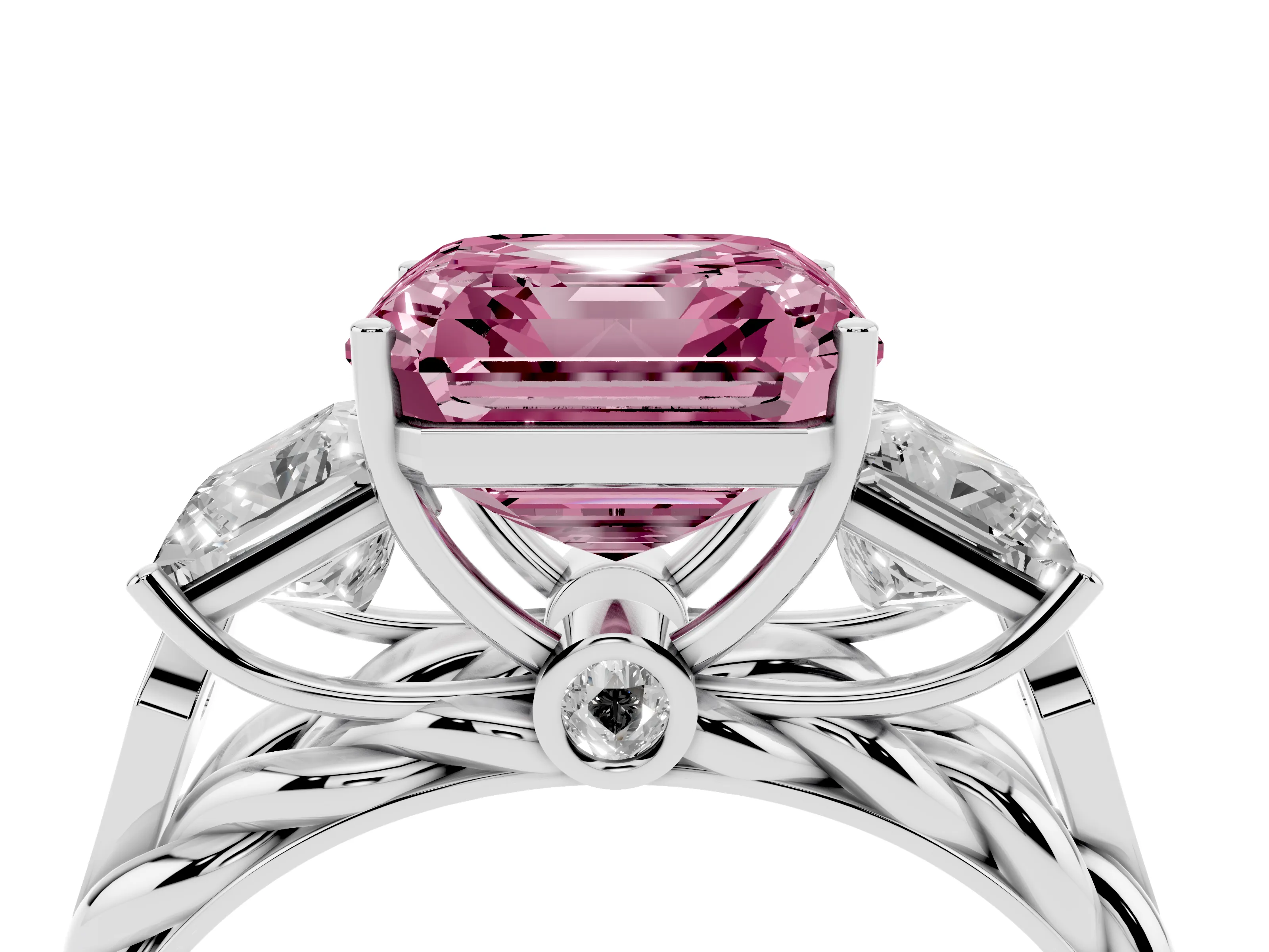 Fancy Pink Asscher Cut Diamond Three-Stone Ring Set in White gold with Braided Band