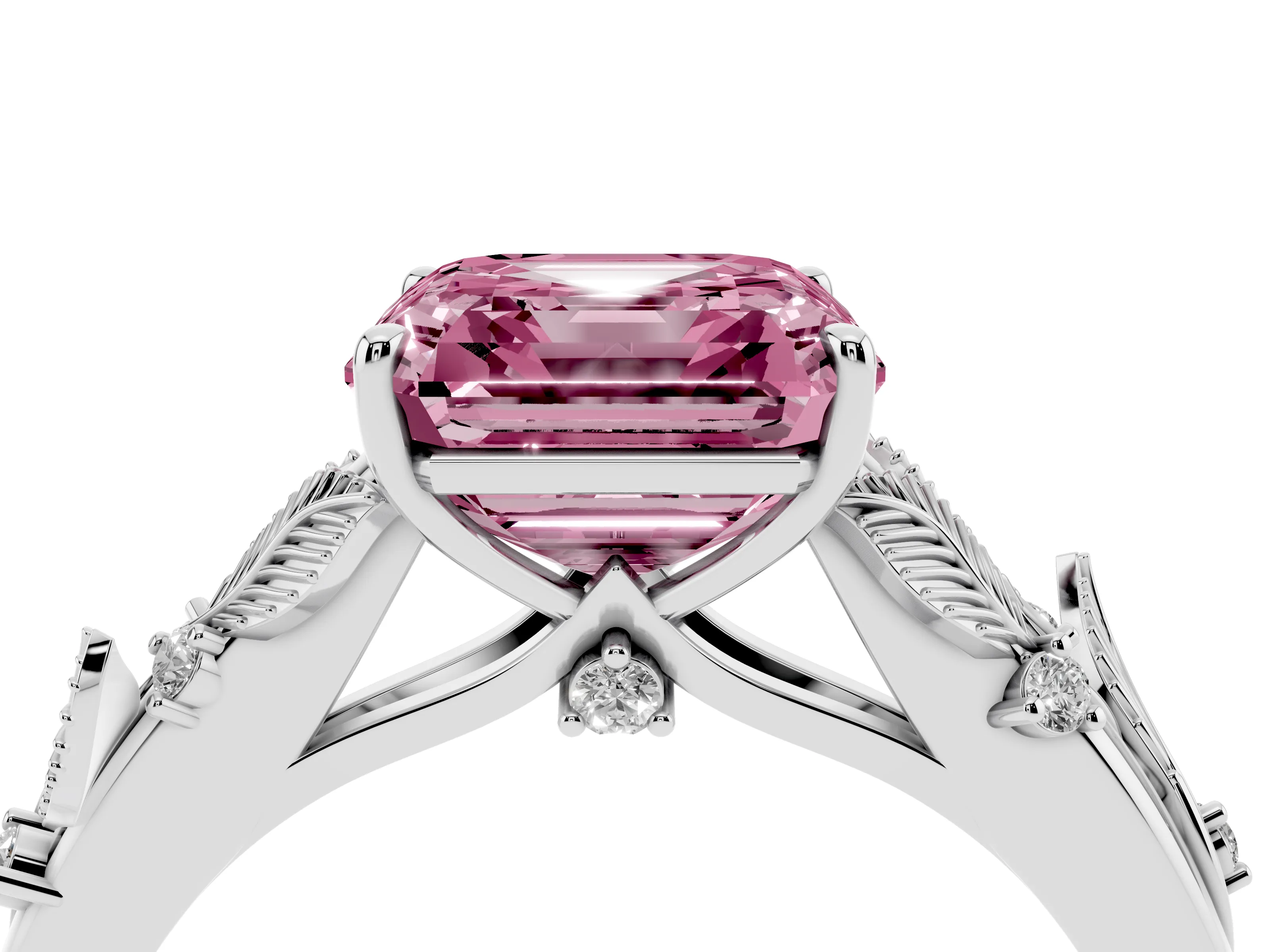 Fancy Pink Asscher Cut Diamond Solitaire Ring Set in White gold with Leaf Motif Band