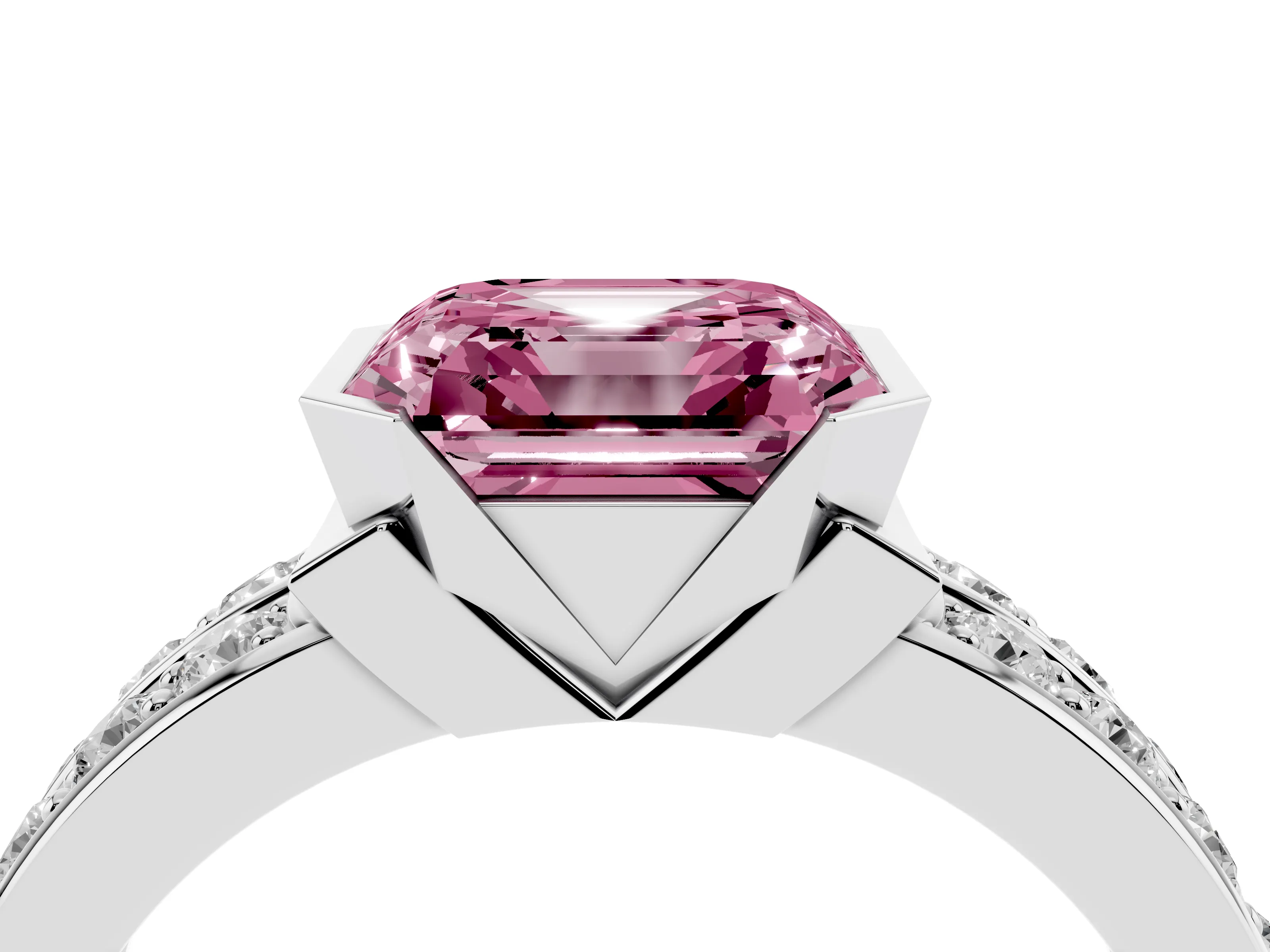 Fancy Pink Asscher Cut Diamond Wide Channel Set Band Ring Set in Platinum with Bezel Setting