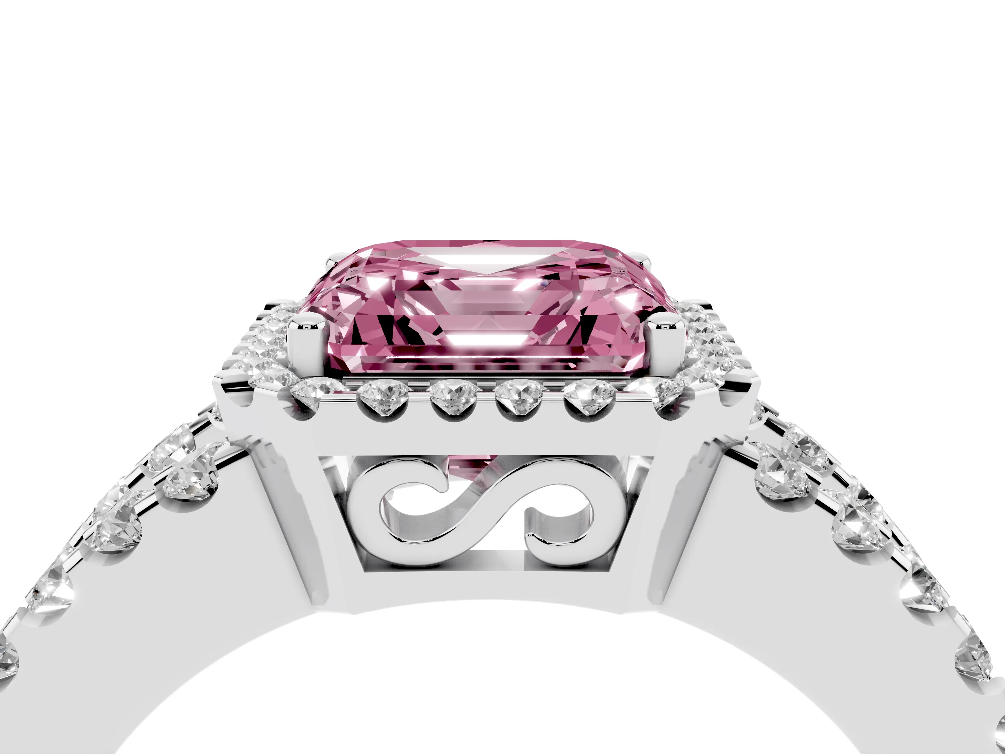 Fancy Pink Asscher Cut Diamond Halo Ring Set in Silver with Pavé Split Shank and Prong Setting