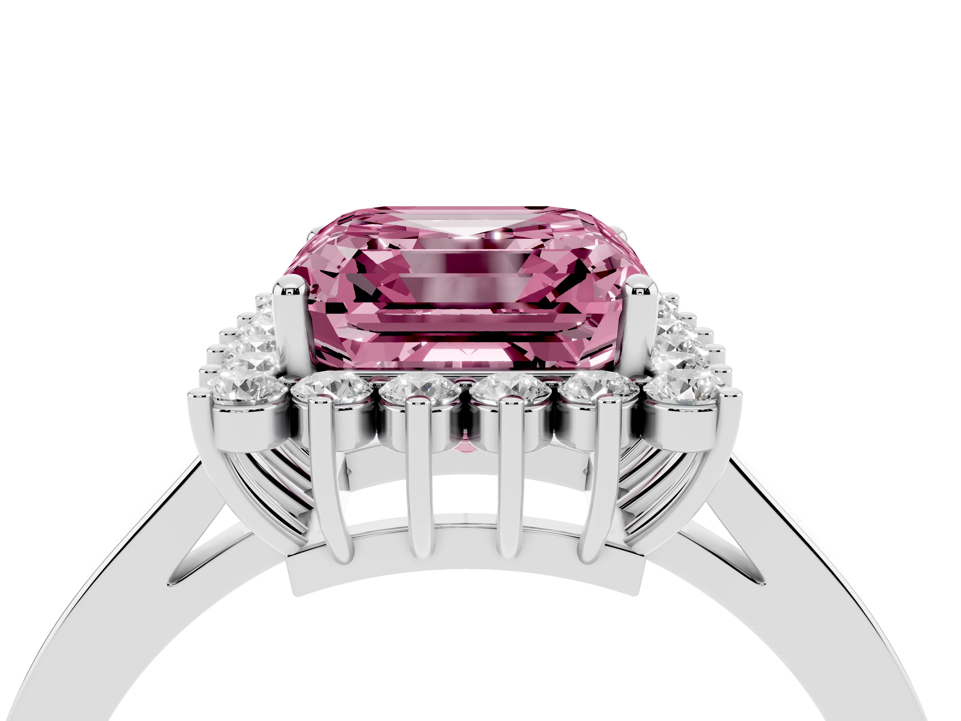 Fancy Pink Asscher Cut Diamond Halo Ring Set in White gold with Round Halo and Smooth Solitaire Band