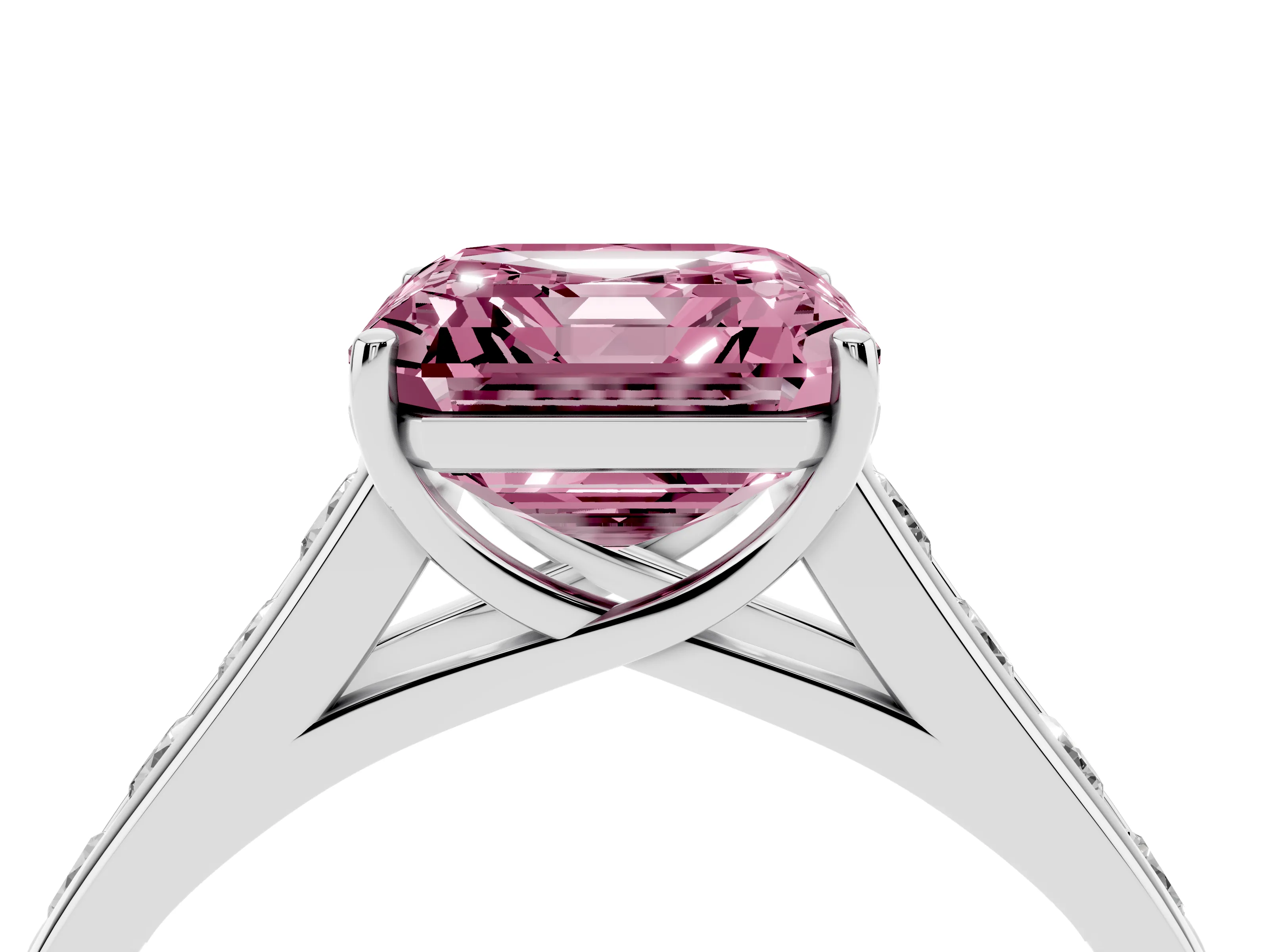 Fancy Pink Asscher Cut Diamond Brilliant Channel-Set Solitaire Ring Set in White gold with Prong Setting