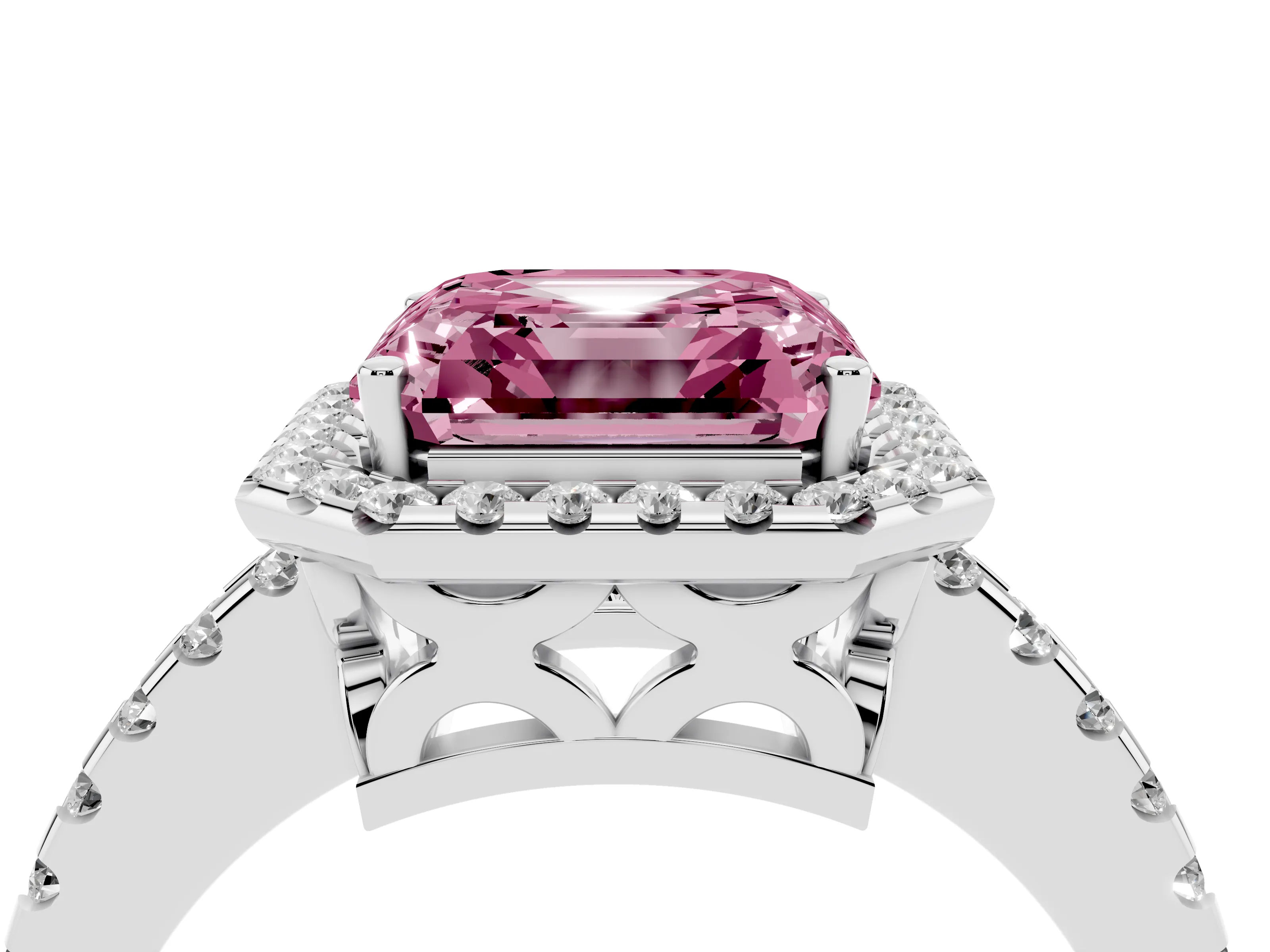 Fancy Pink Asscher Cut Diamond Halo Ring Set in Platinum with Pavé Shoulders and Halo-Framed Center