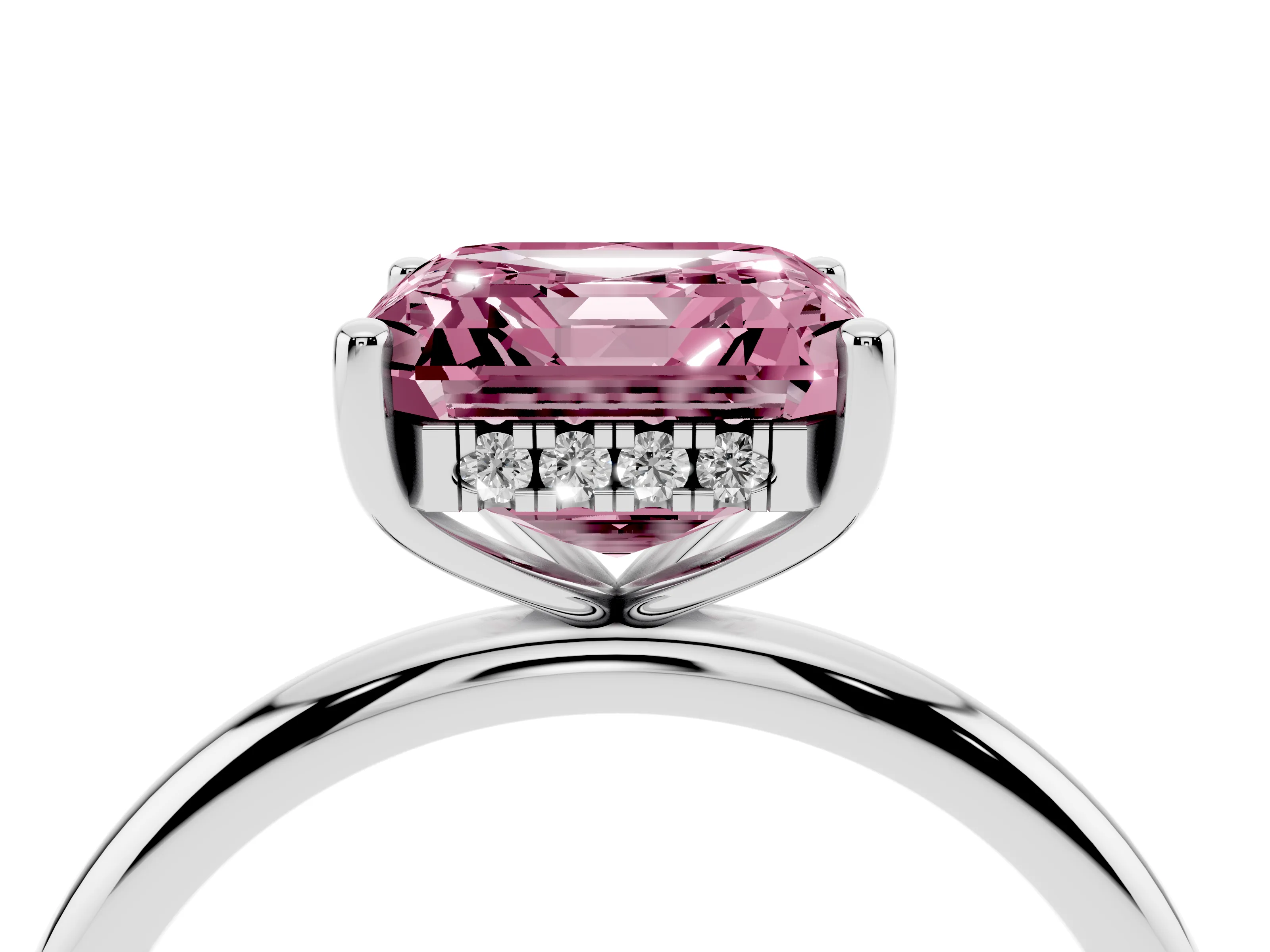 Fancy Pink Asscher Cut Diamond Solitaire Engagement Ring Set in White gold with Prong Setting and Polished Band