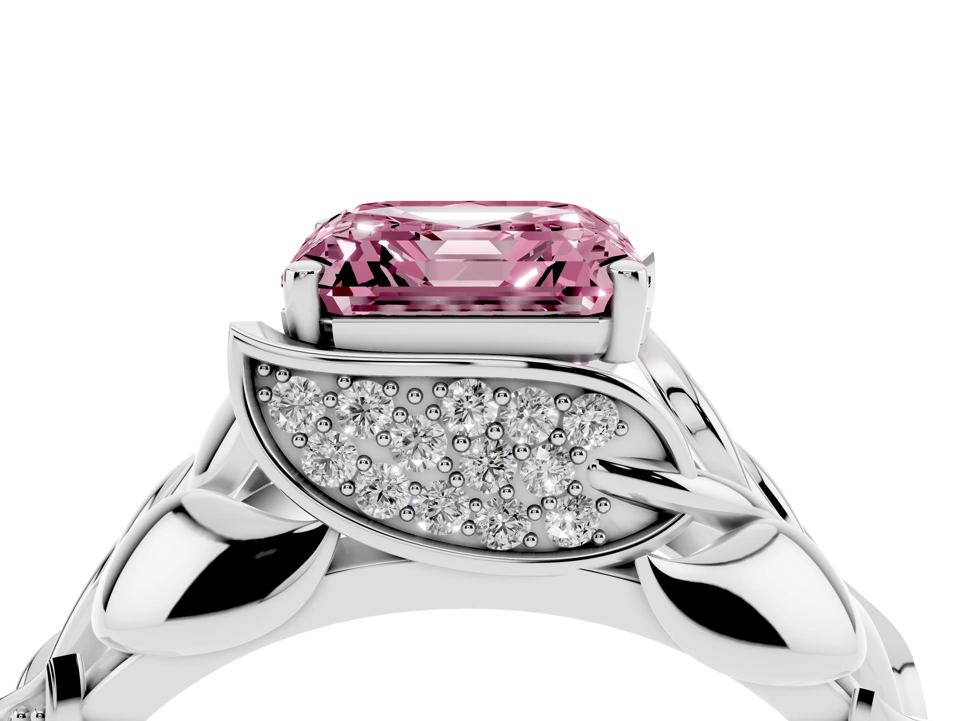 Fancy Pink Asscher Cut Diamond Leaf-Inspired Engagement Ring Set in Silver with Round Accents