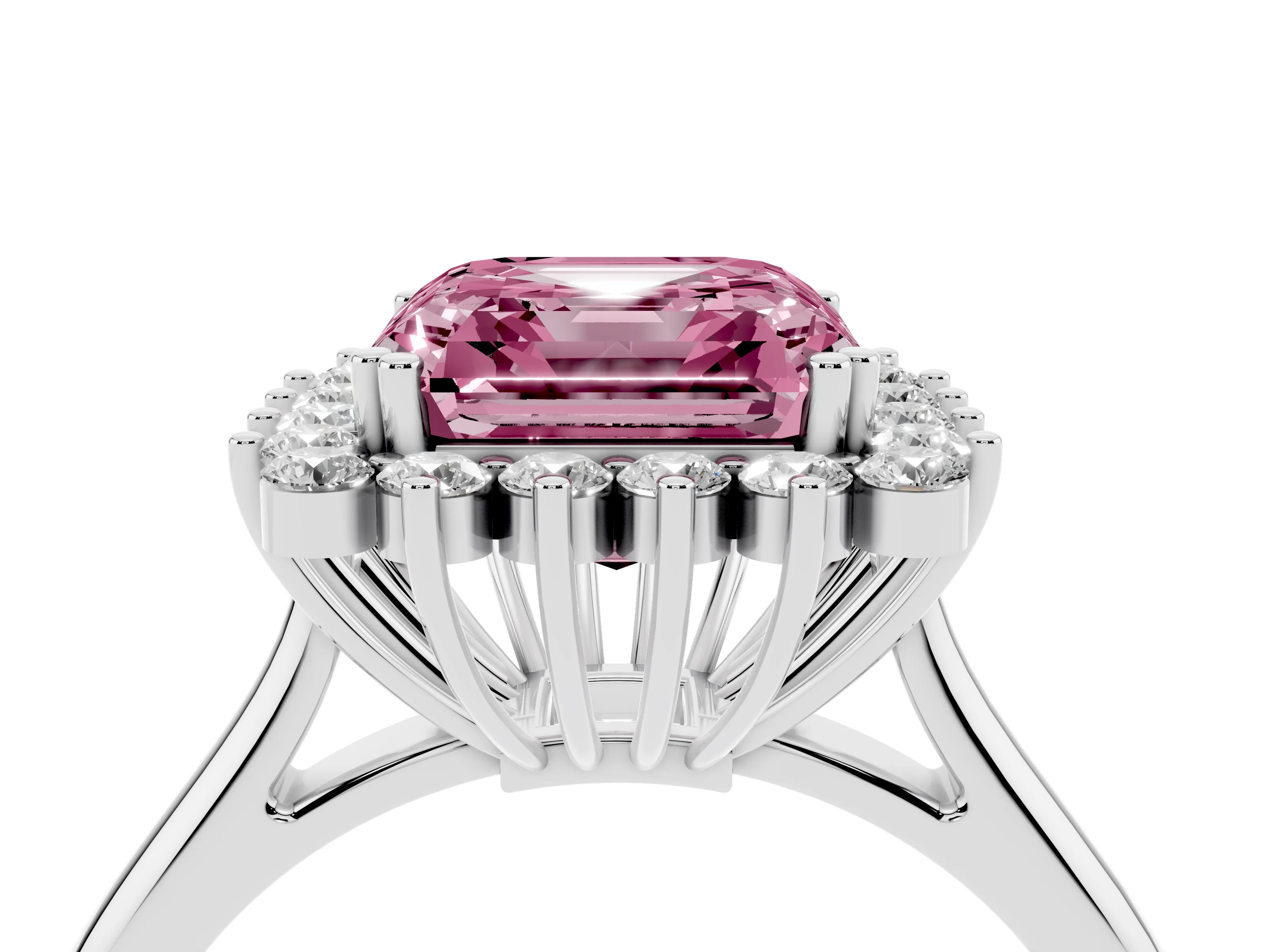 Fancy Pink Asscher Cut Diamond Halo Ring Set in Platinum with Plain Solitaire Band and Prong Setting
