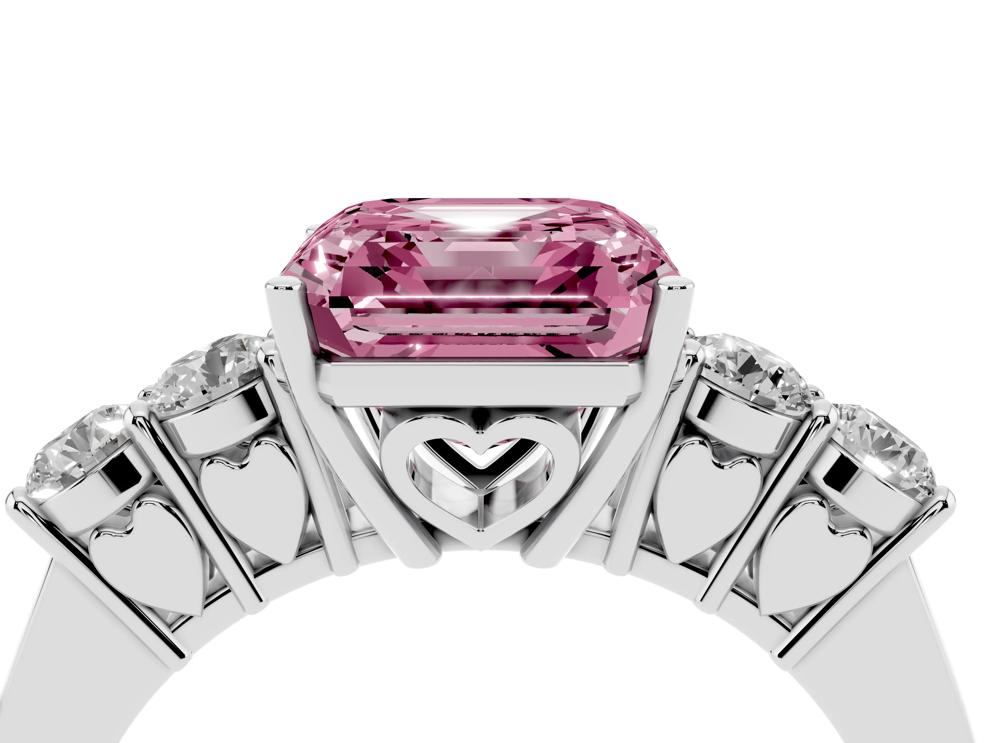 Fancy Pink Asscher Cut Diamond Five-Stone Prong Set Band Ring Set in Platinum with Polished Band
