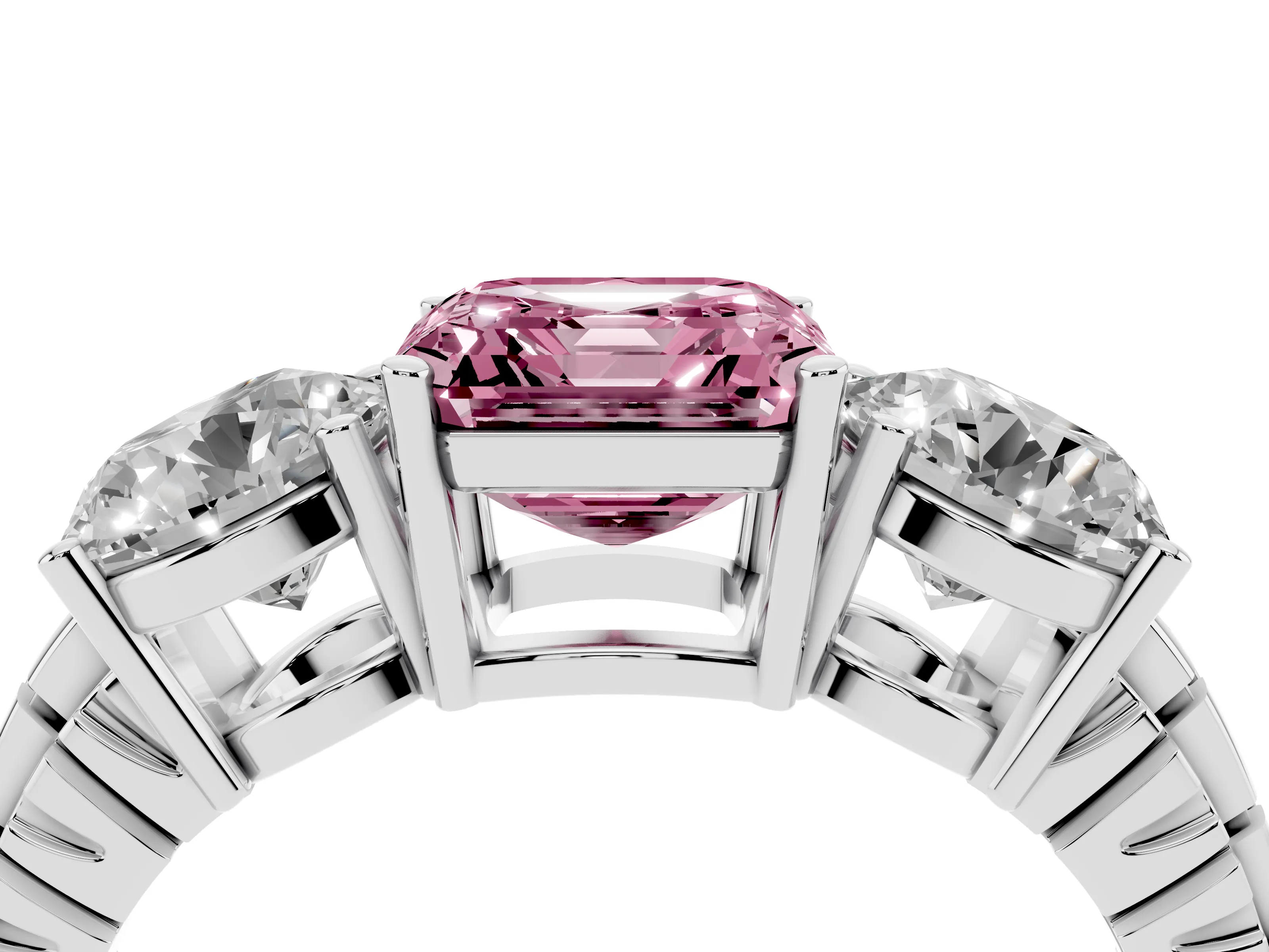 Fancy Pink Asscher Cut Diamond Three-Stone Ring Set in Platinum with Channel-Set Accent Band