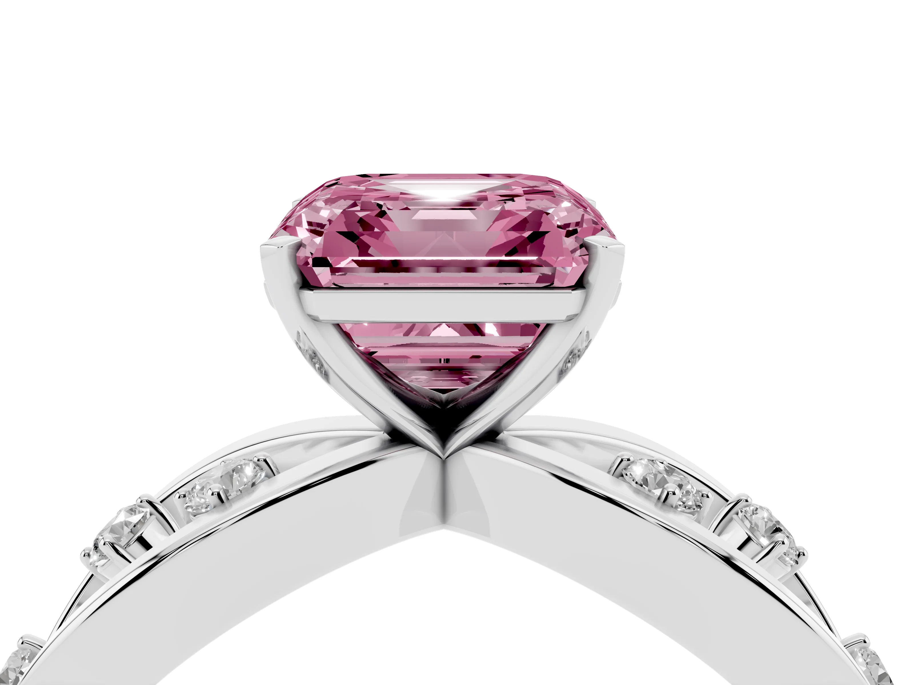 Fancy Pink Asscher Cut Diamond Solitaire Ring Set in Silver with Side Stones on Criss-Cross Band and Prong Setting
