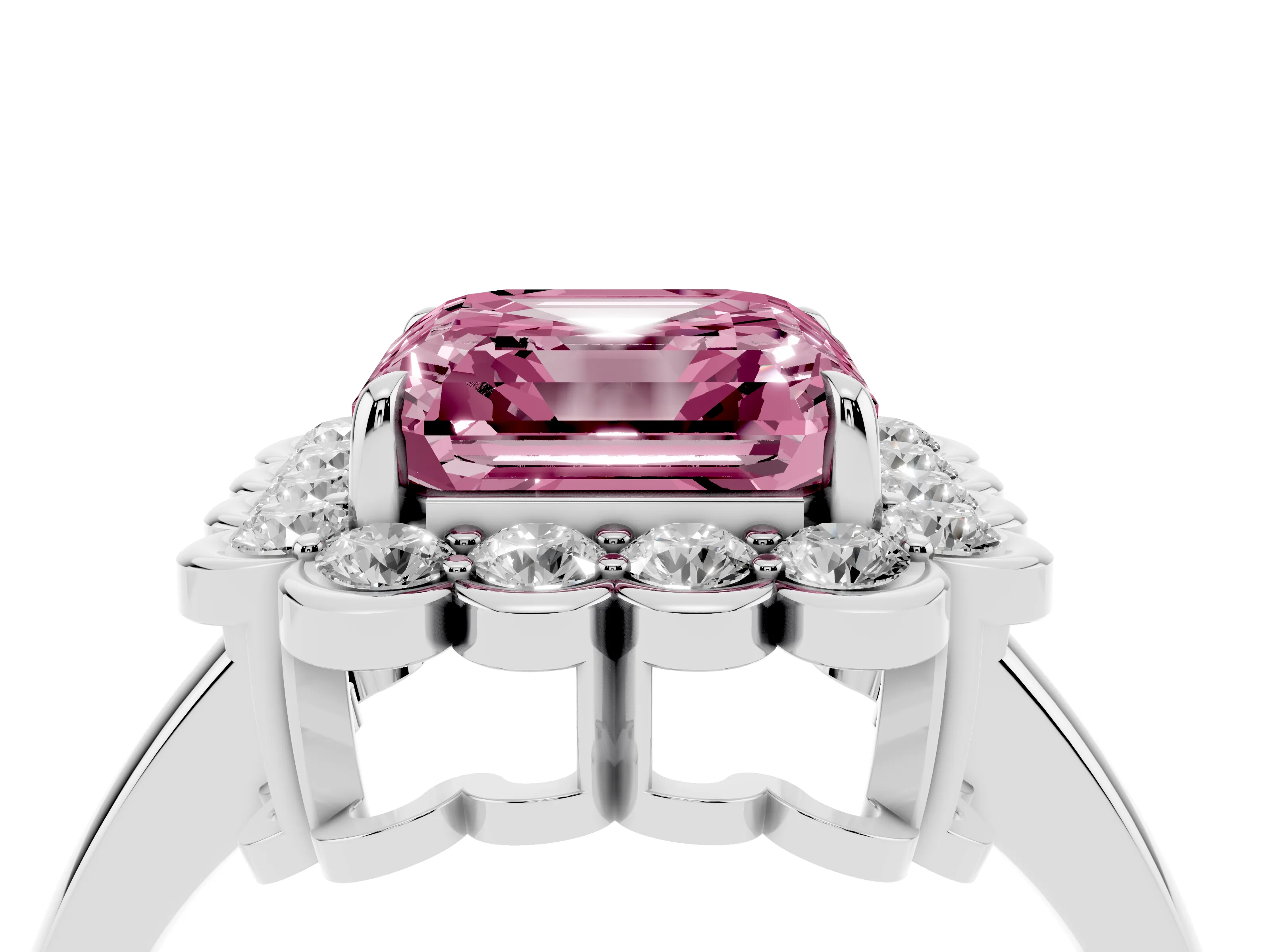 Fancy Pink Asscher Cut Diamond Halo Cluster Engagement Ring Set in Platinum with Solitaire Band and Prong Setting