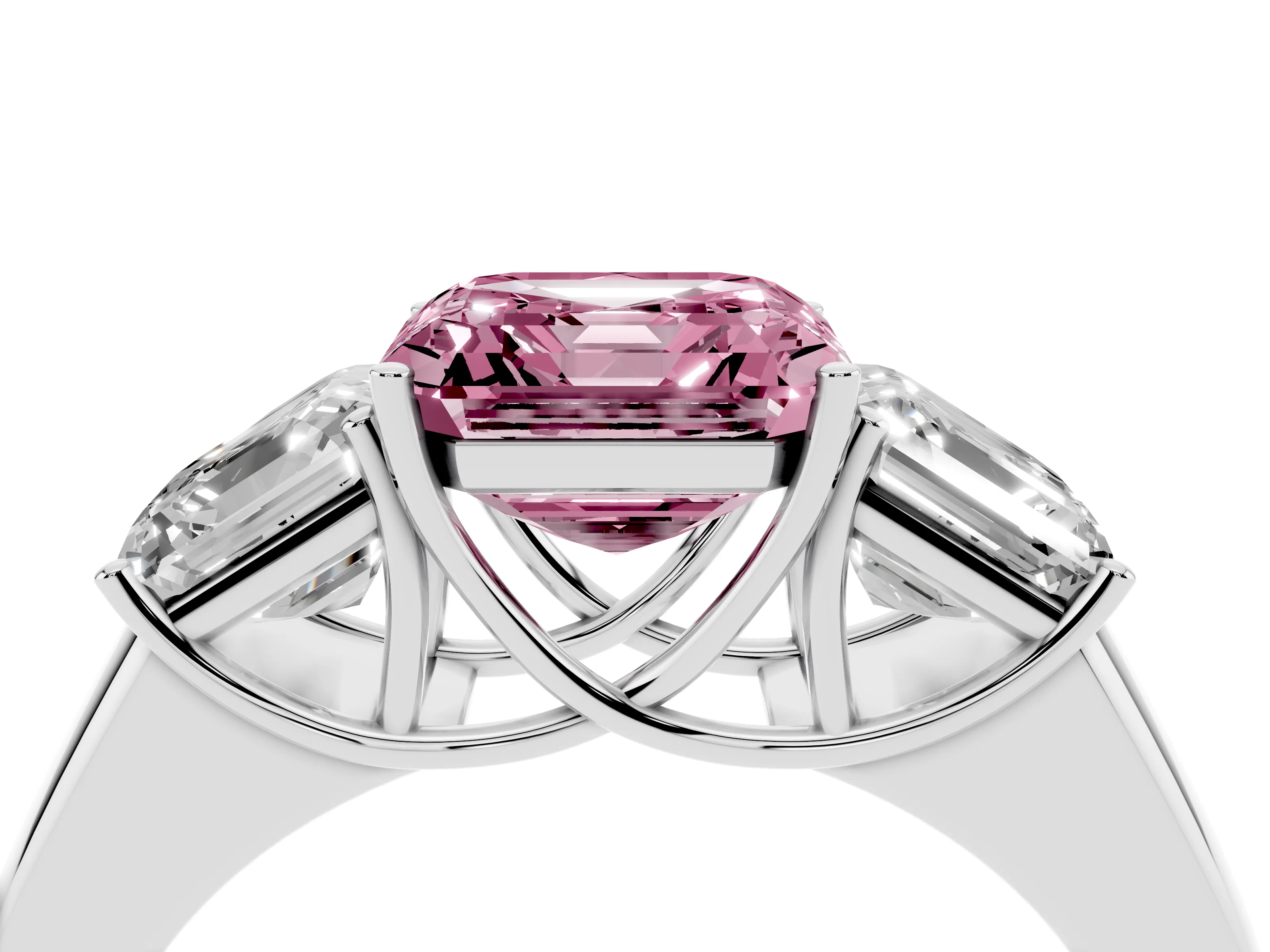 Fancy Pink Three-Stone Asscher Cut Diamond Ring Set in White gold with Matching Prong Settings and Plain Band