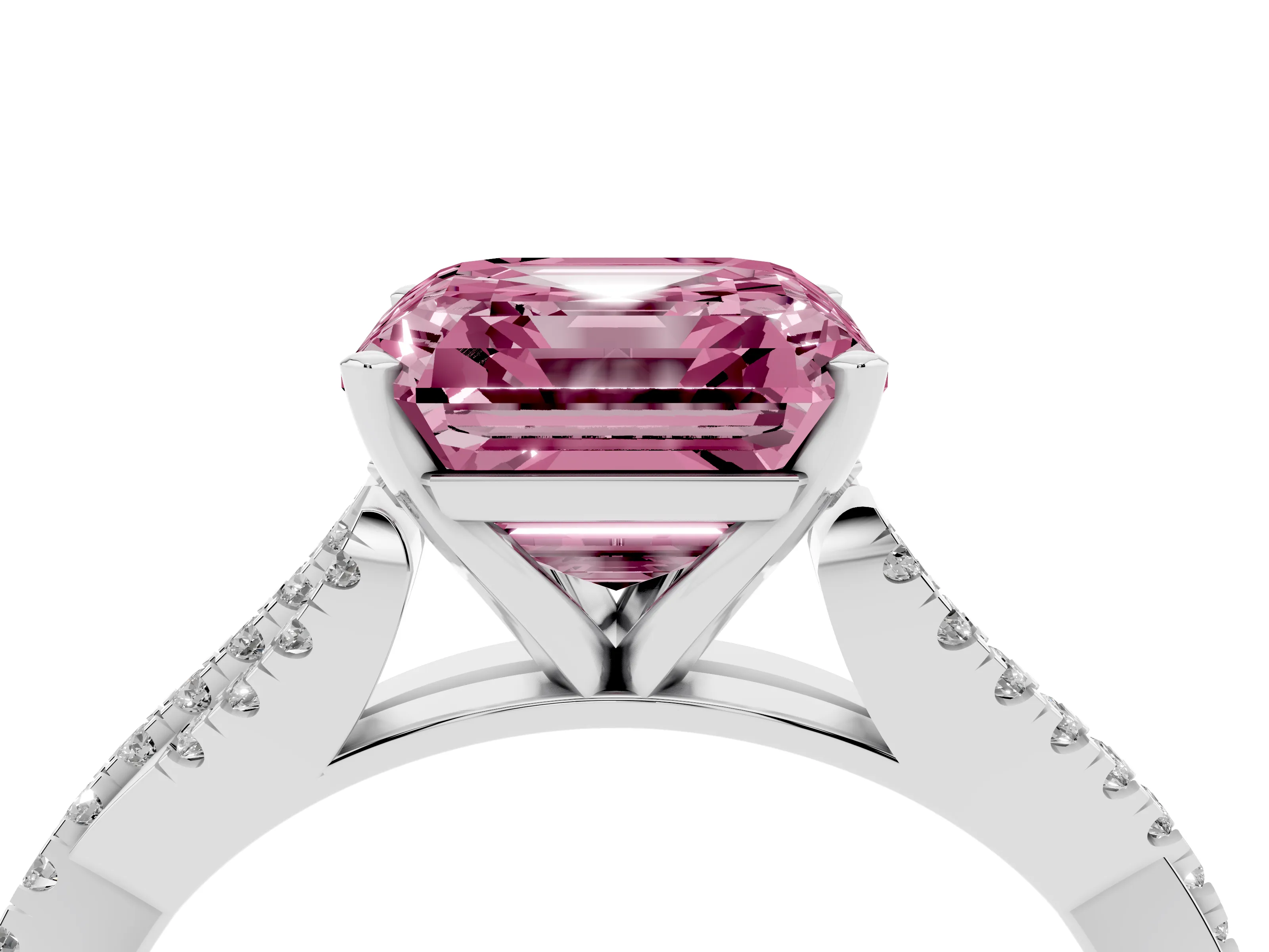 Fancy Pink Asscher Cut Diamond Solitaire Engagement Ring Set in White gold with Twisted Pavé Band and Prong Setting