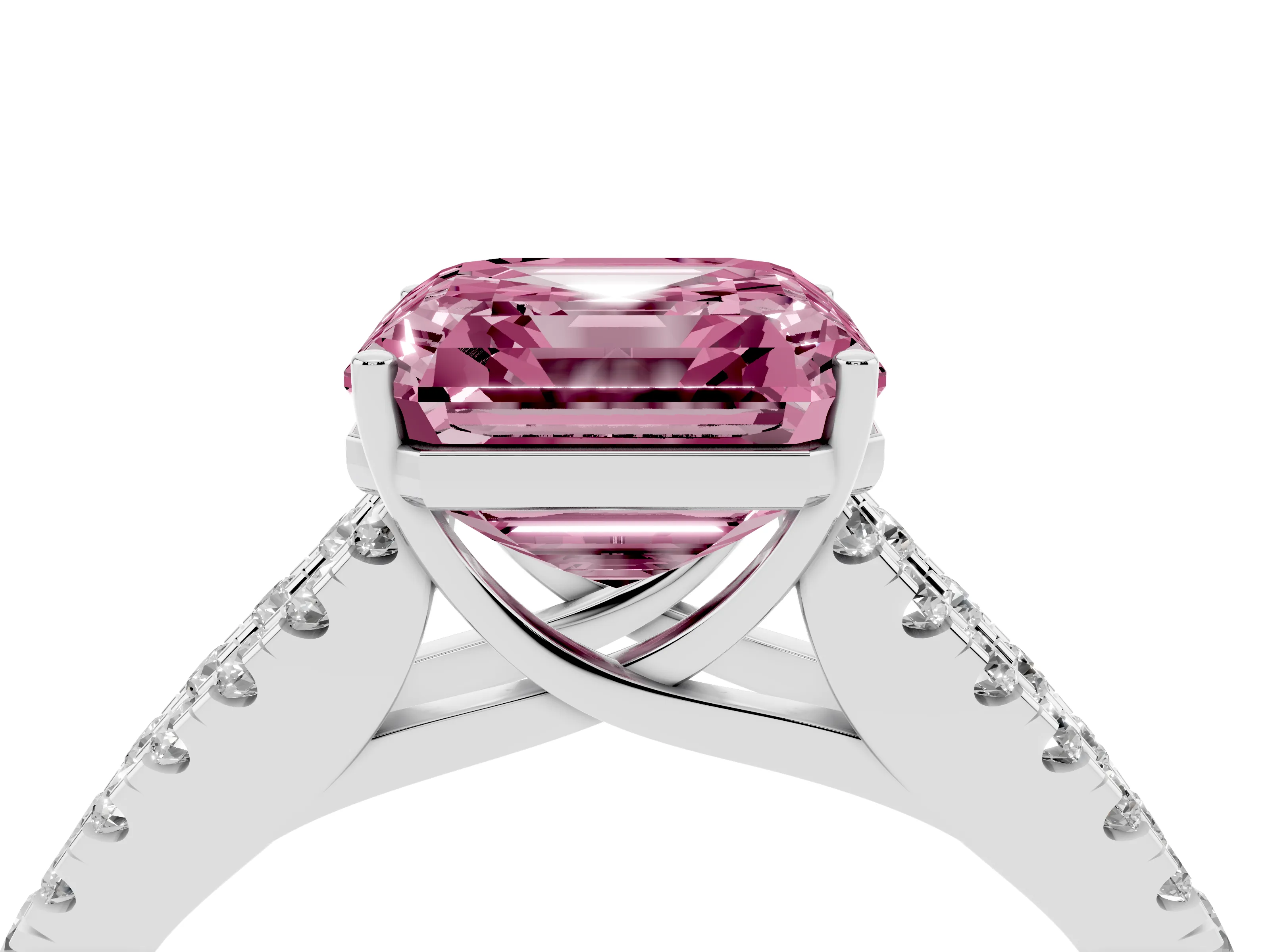 Fancy Pink Asscher Cut Diamond Split Shank Engagement Ring Set in Silver with Round Pavé and Prong Setting