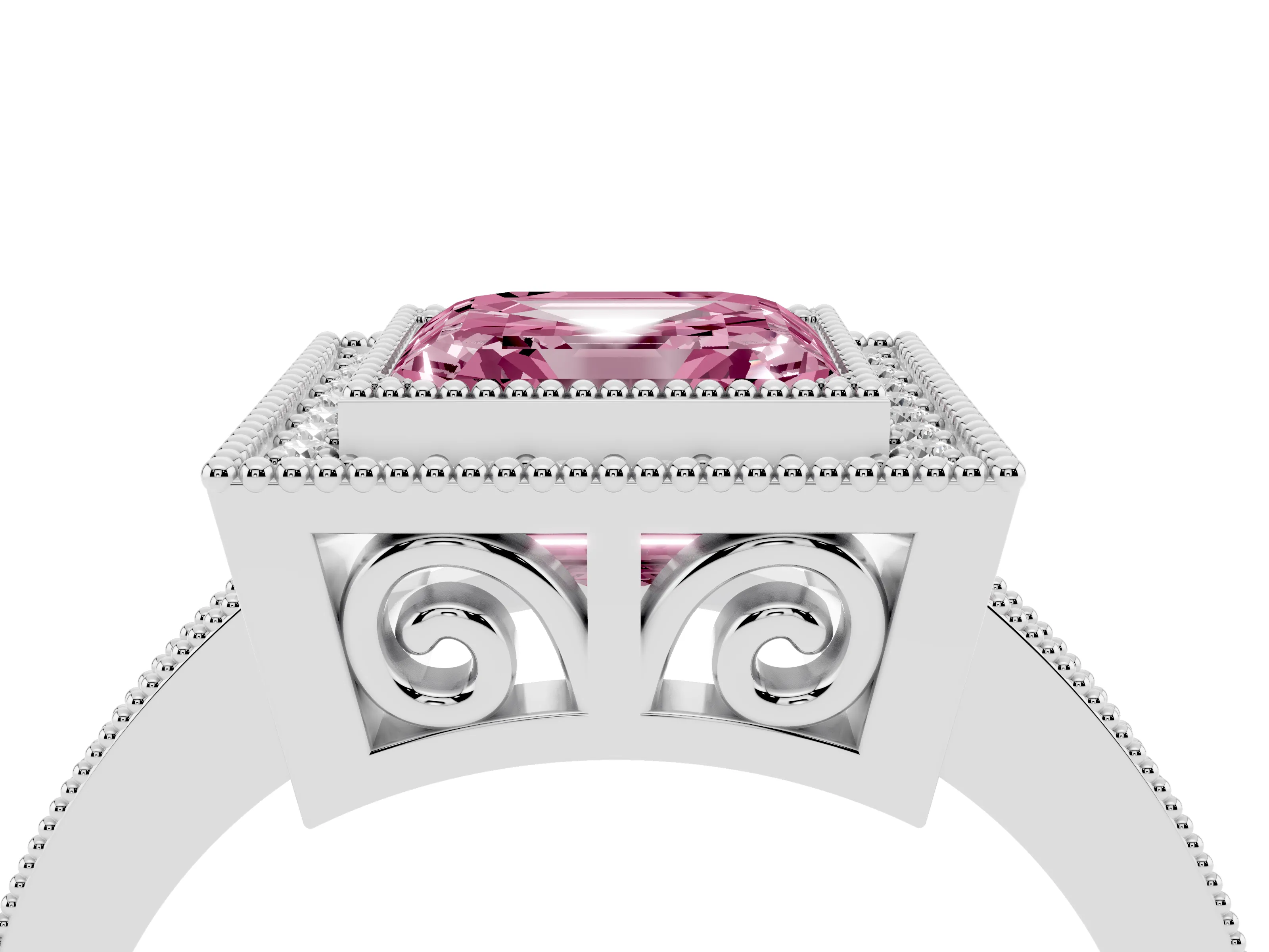 Fancy Pink Asscher Cut Diamond Round Halo Ring Set in White gold with Pavé Band