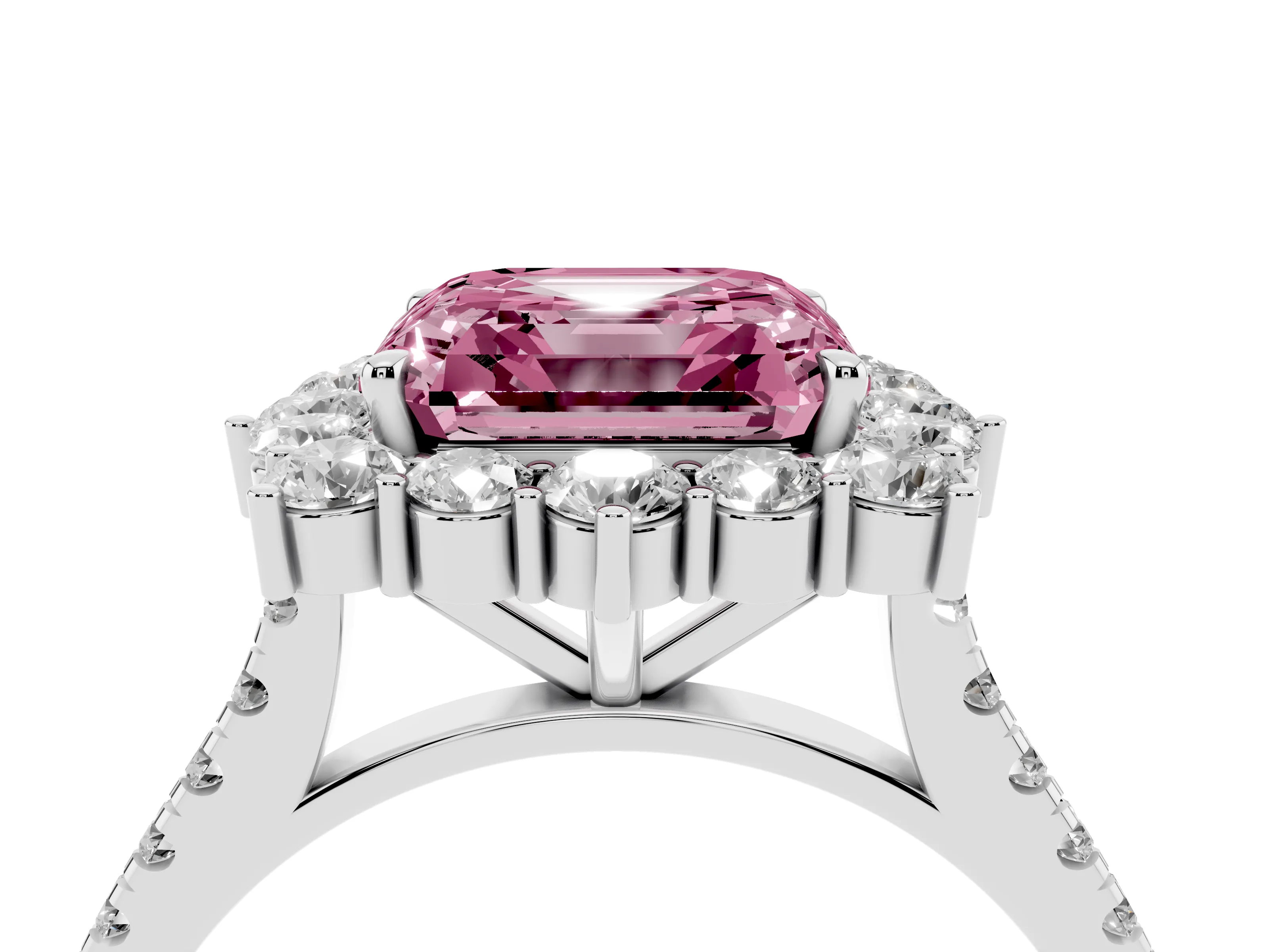 Fancy Pink Asscher Cut Diamond Halo Ring Set in Silver with Pavé Band and Prong Setting