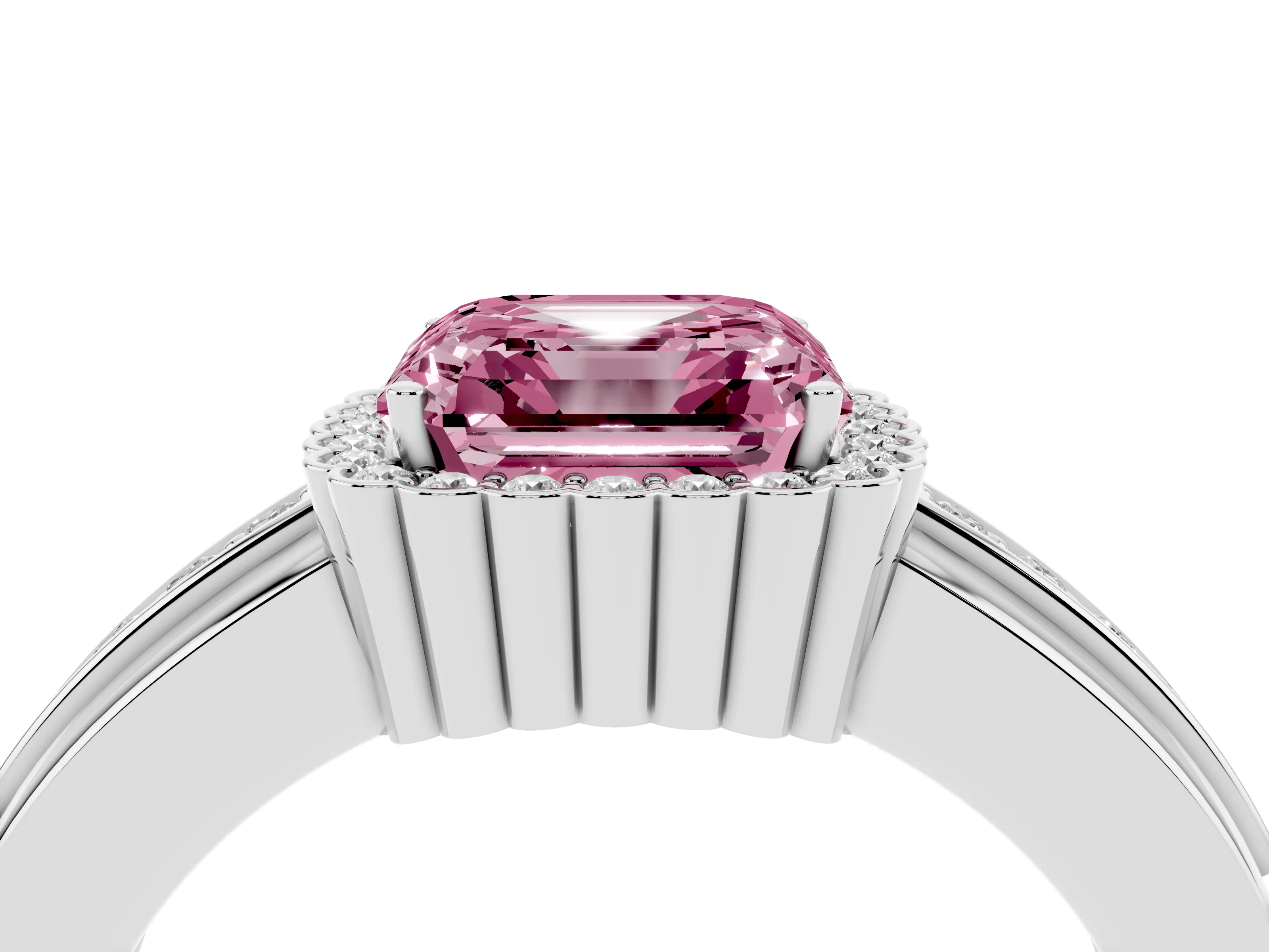 Fancy Pink Asscher Cut Diamond Halo Prong Ring Set in Silver with Pavé Band