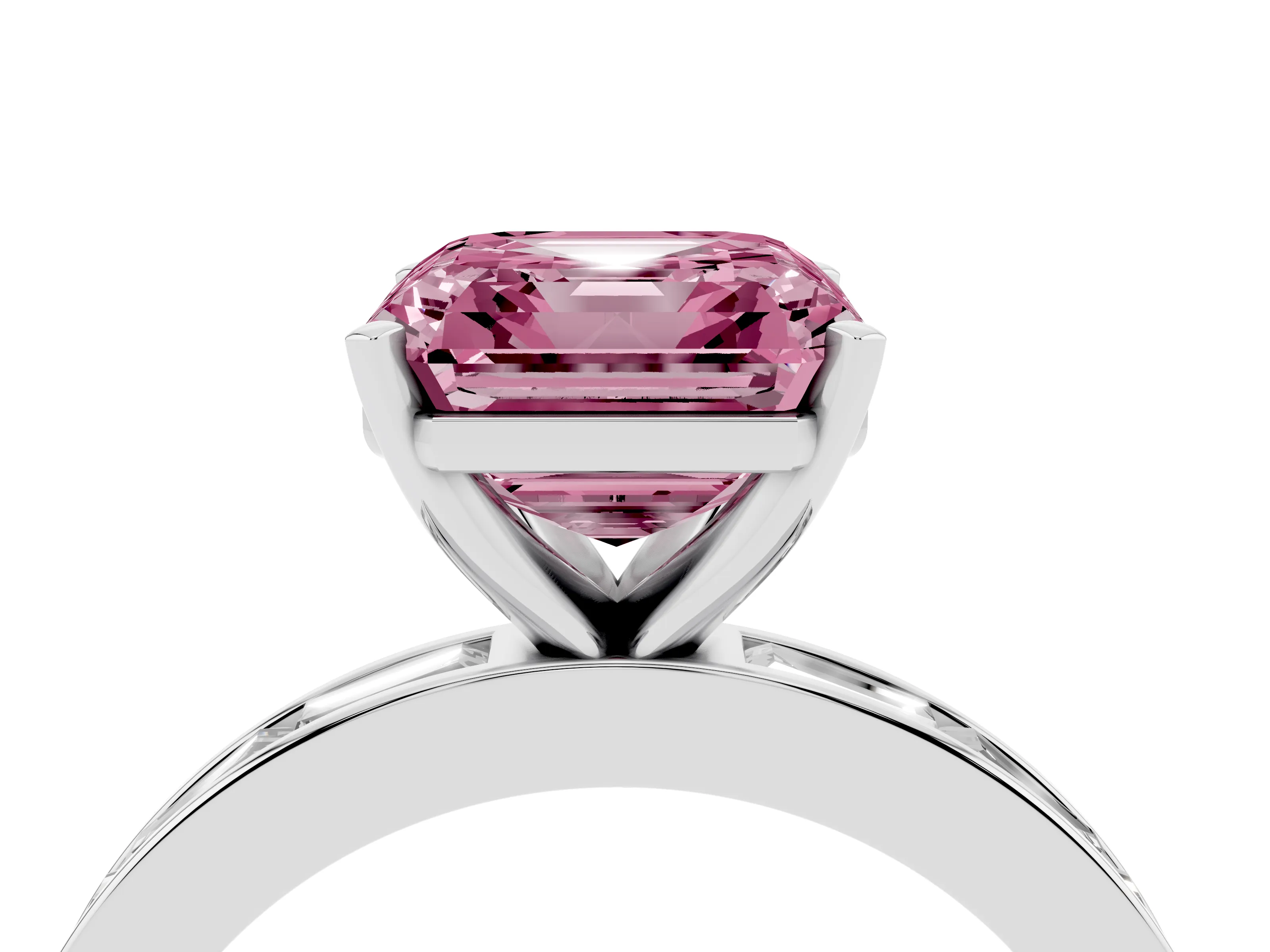 Fancy Pink Asscher Cut Diamond Solitaire Ring Set in Silver with Channel-Set Baguette Band and Prong Setting