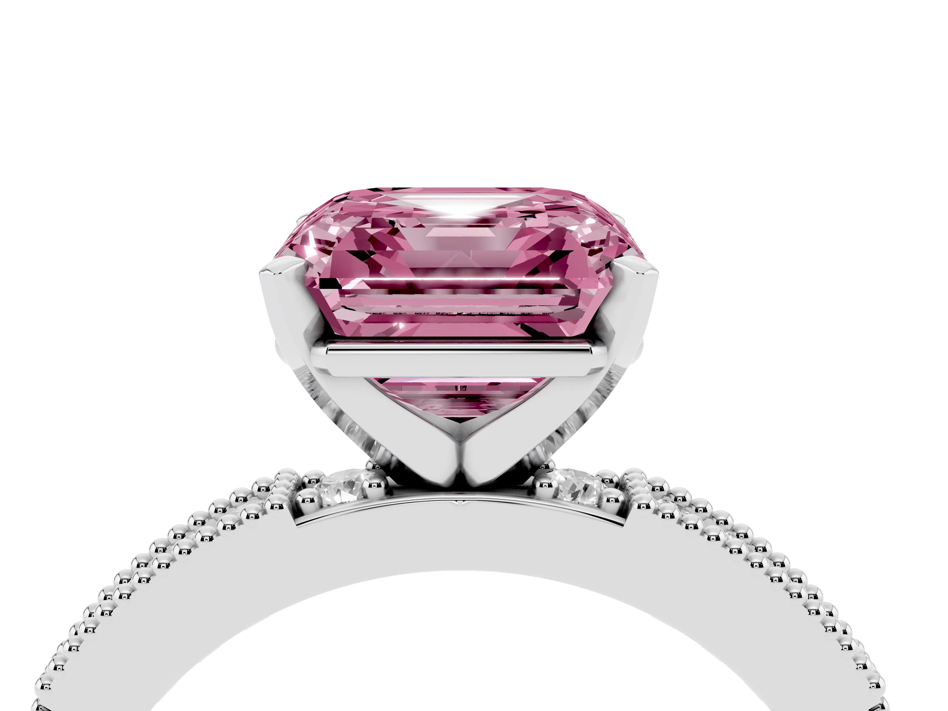 Fancy Pink Asscher Cut Diamond Solitaire Ring Set in Silver with Slim Pavé Band and Prong Setting
