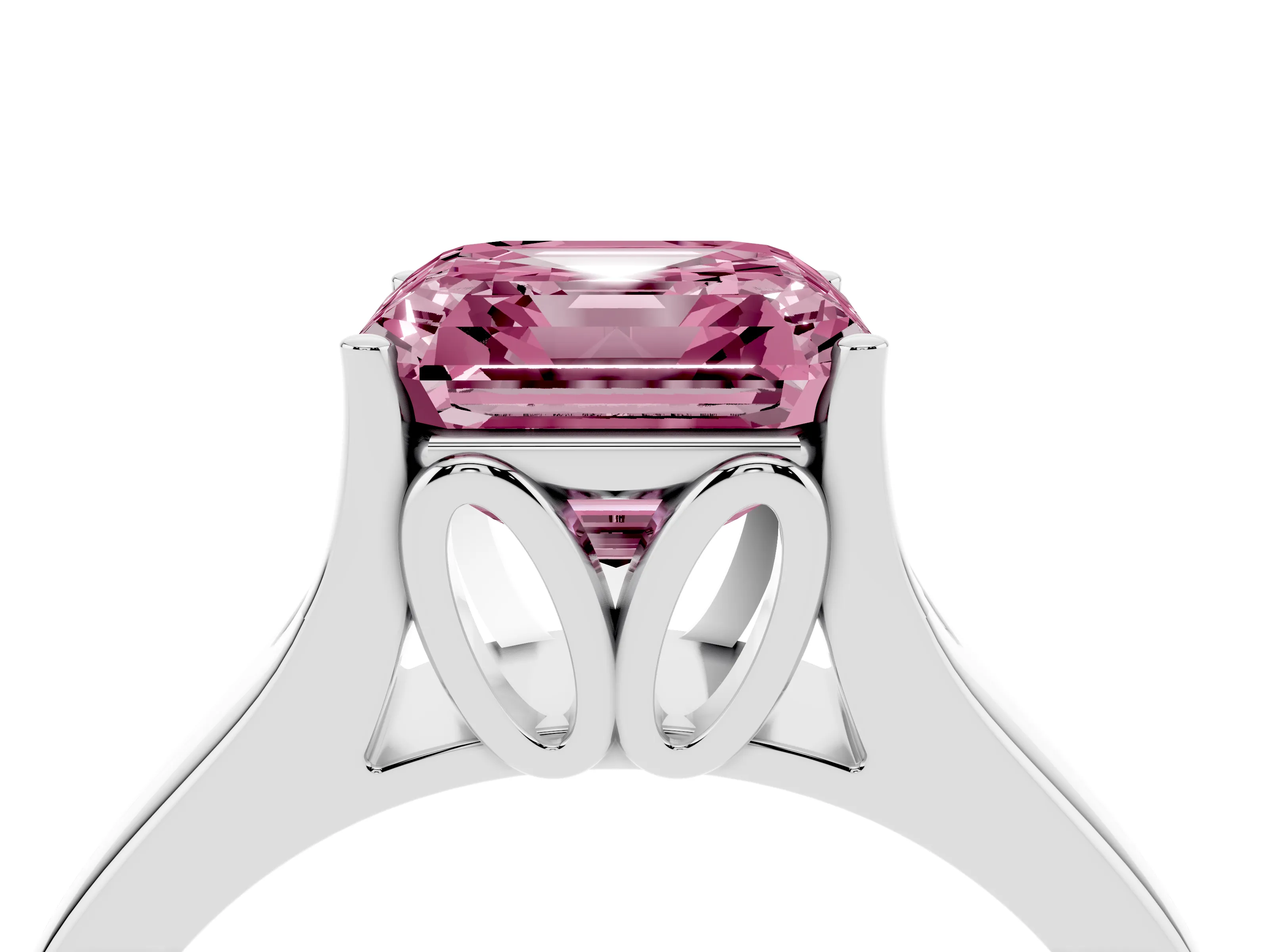 Fancy Pink Asscher Cut Diamond Solitaire Ring Set in Platinum with Arched Cathedral Band and Prong Setting