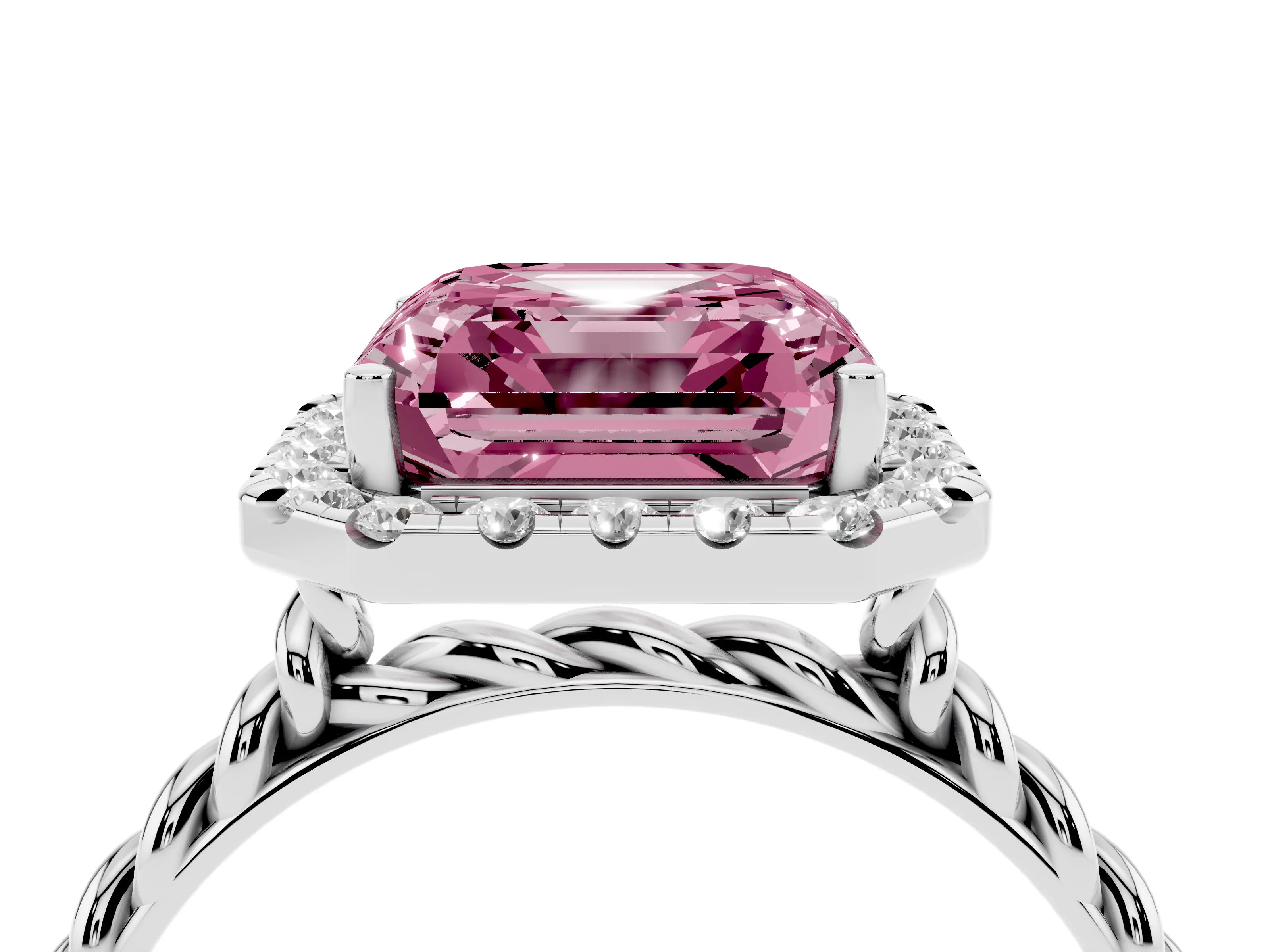 Fancy Pink Asscher Cut Diamond Halo Ring Set in Platinum with Plain Twisted Band