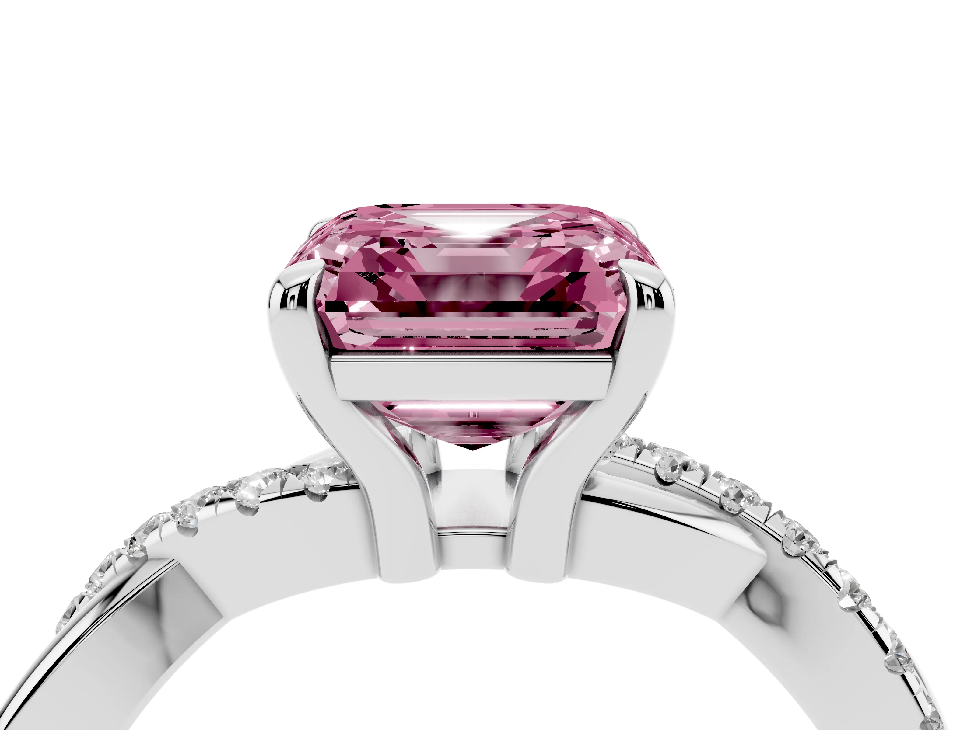 Fancy Pink Asscher Cut Diamond Twist Band Pavé Solitaire Ring Set in Platinum with Prong Setting