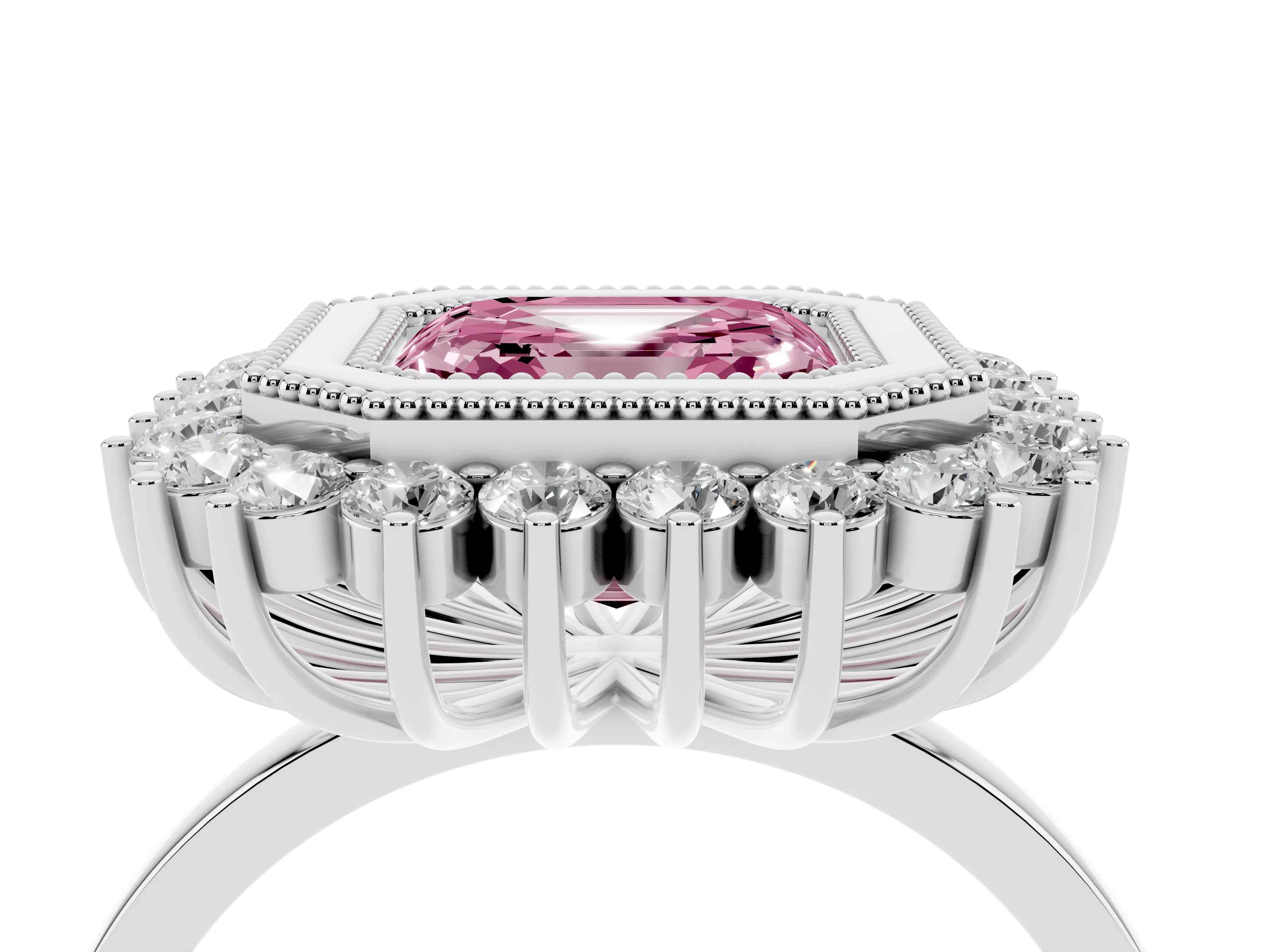 Fancy Pink Asscher Cut Diamond Halo Ring Set in Platinum with Milgrain Edge and Round Prong Setting