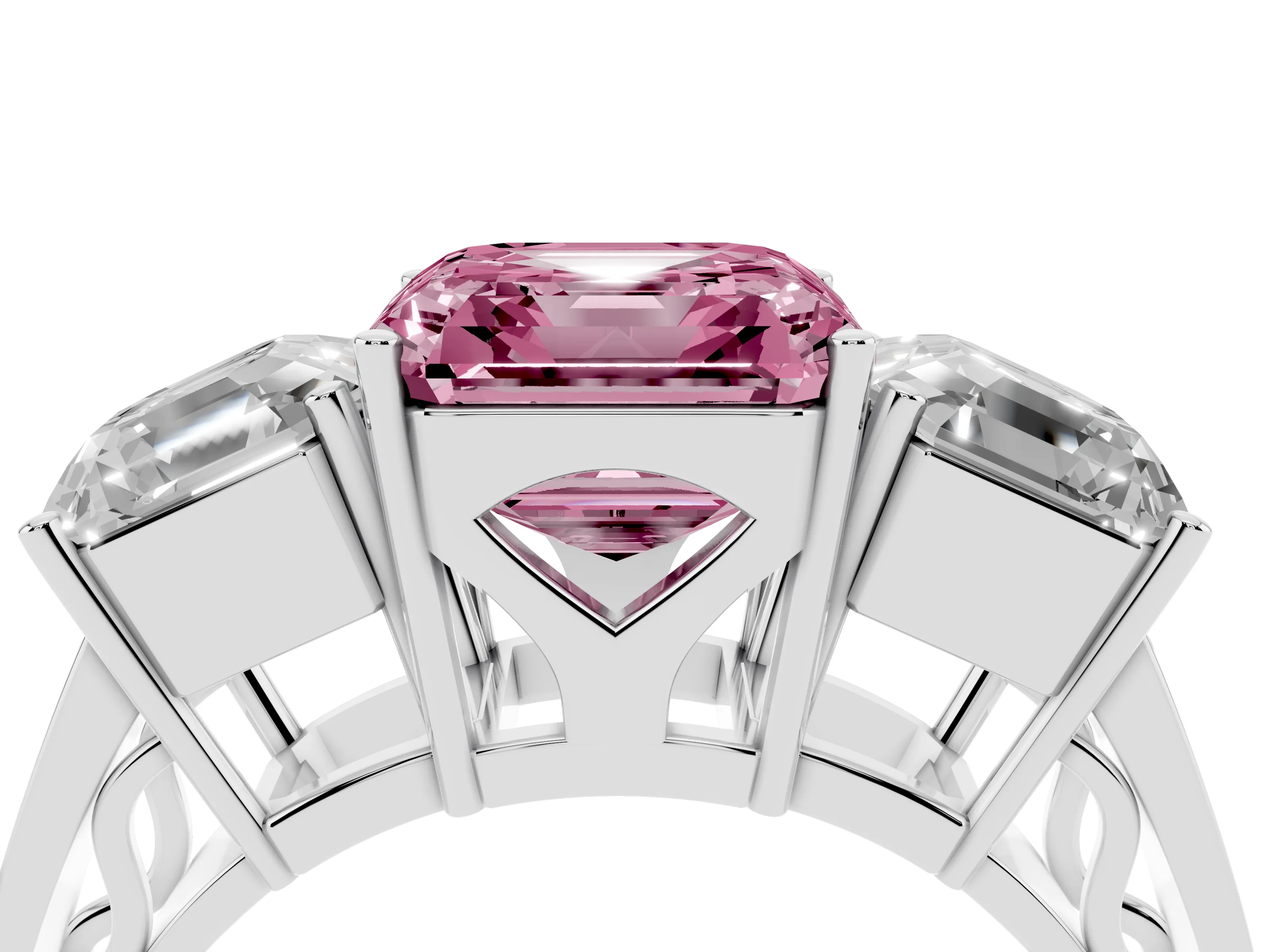 Fancy Pink Asscher Cut Diamond Three-Stone Ring Set in White gold with Textured Band