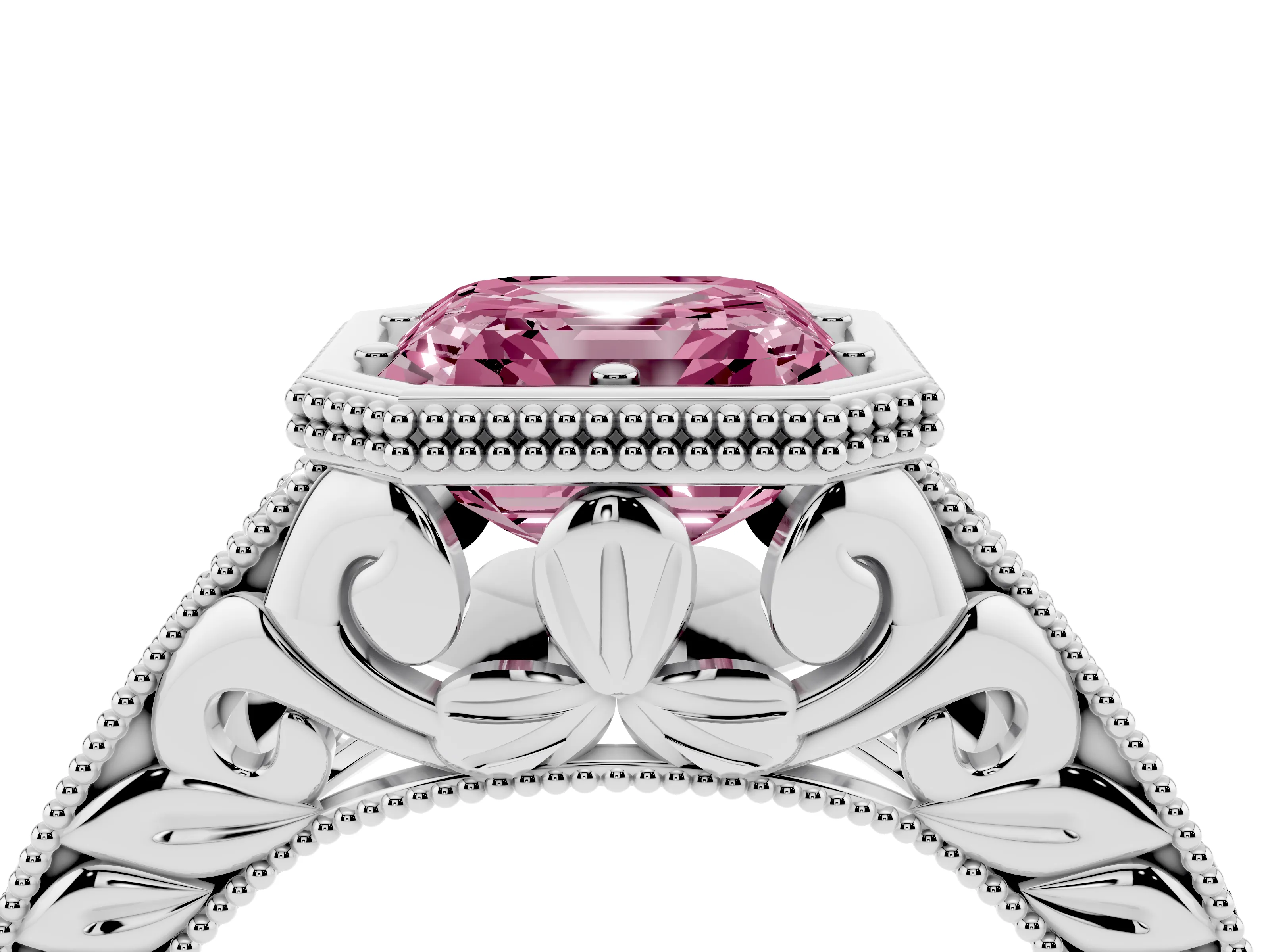 Fancy Pink Bezel Set Asscher Cut Diamond Milgrain Pavé Engagement Ring Set in Silver