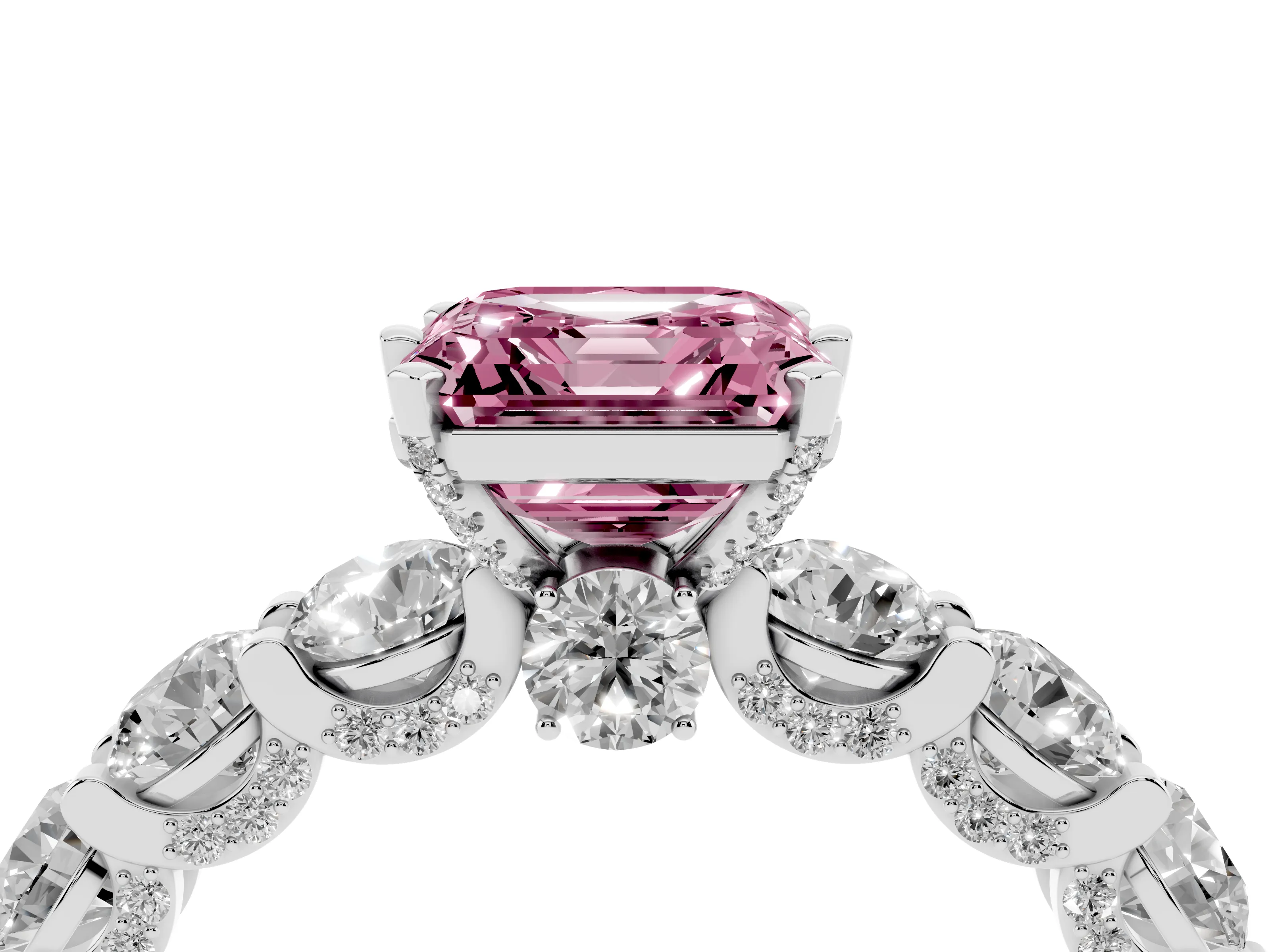 Fancy Pink Asscher Cut Diamond Side Stone Ring Set in White gold with Alternating Round and Oval Side Stones