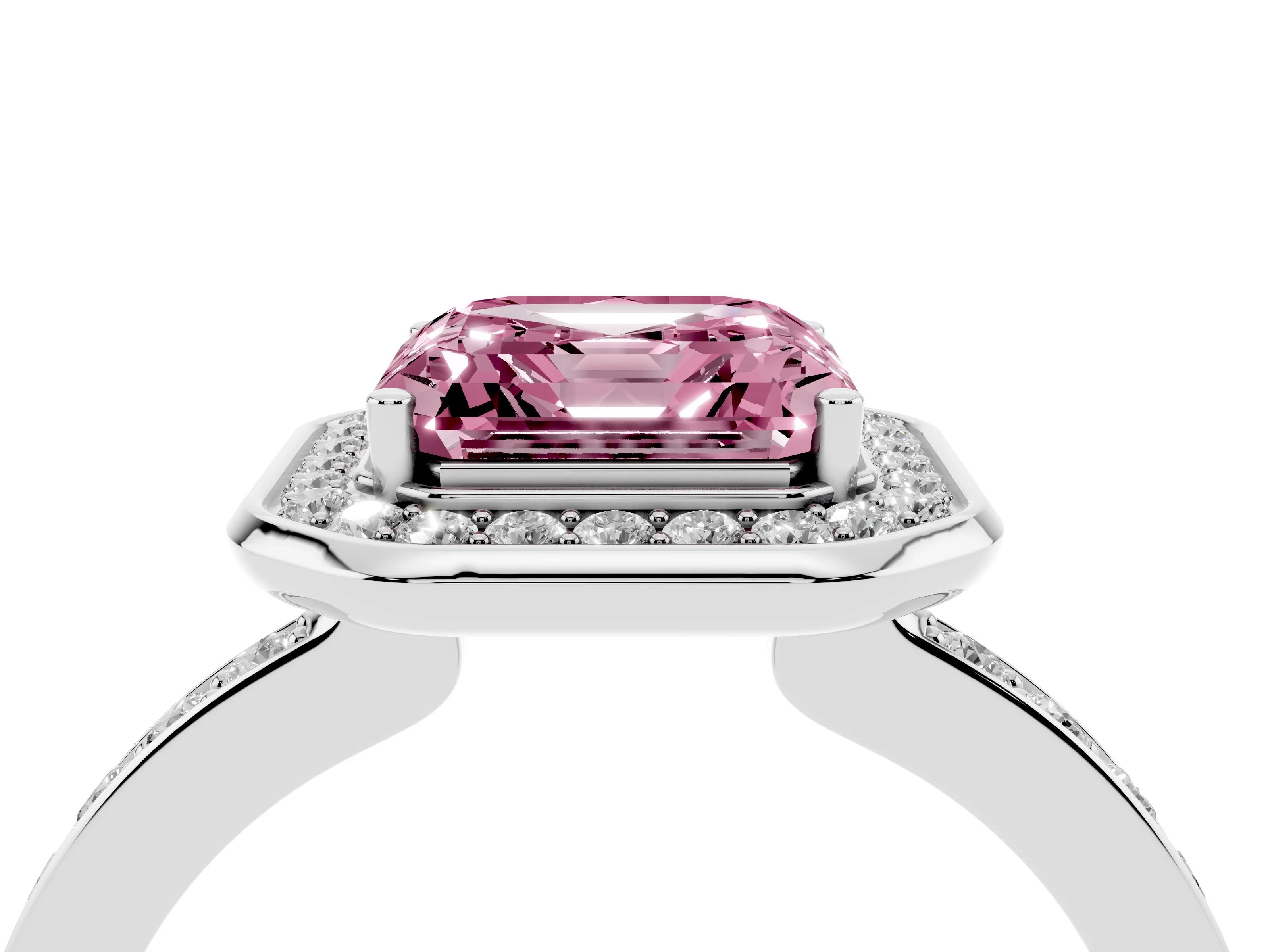 Fancy Pink Asscher Cut Diamond Halo Ring Set in White gold with Bezel Frame and Pavé Band