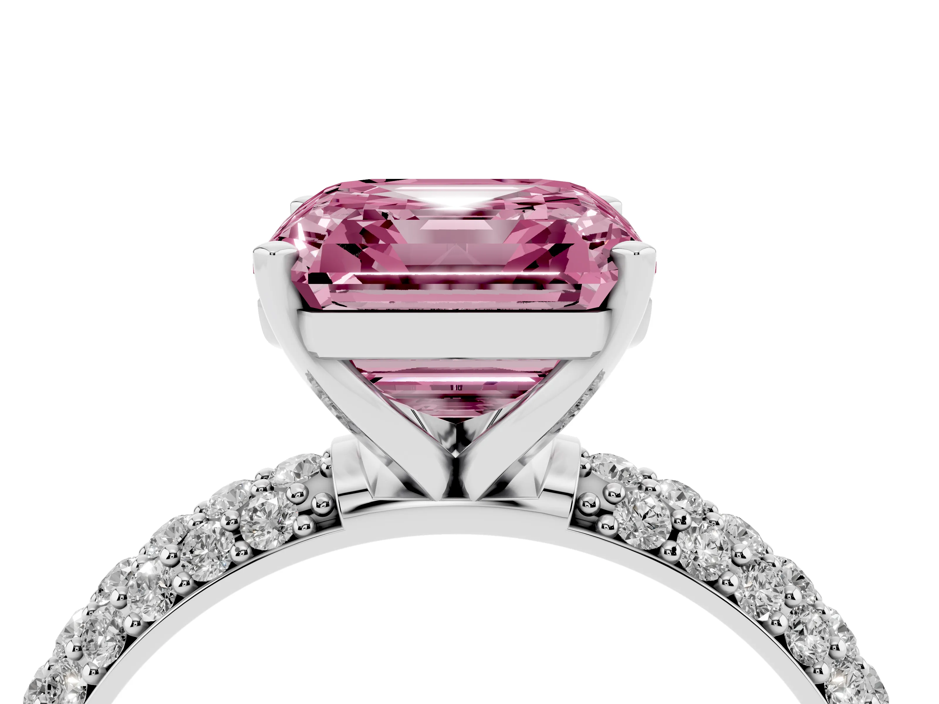 Fancy Pink Asscher Cut Diamond Solitaire Ring Set in Silver with Prong Setting and Pavé-Set Band