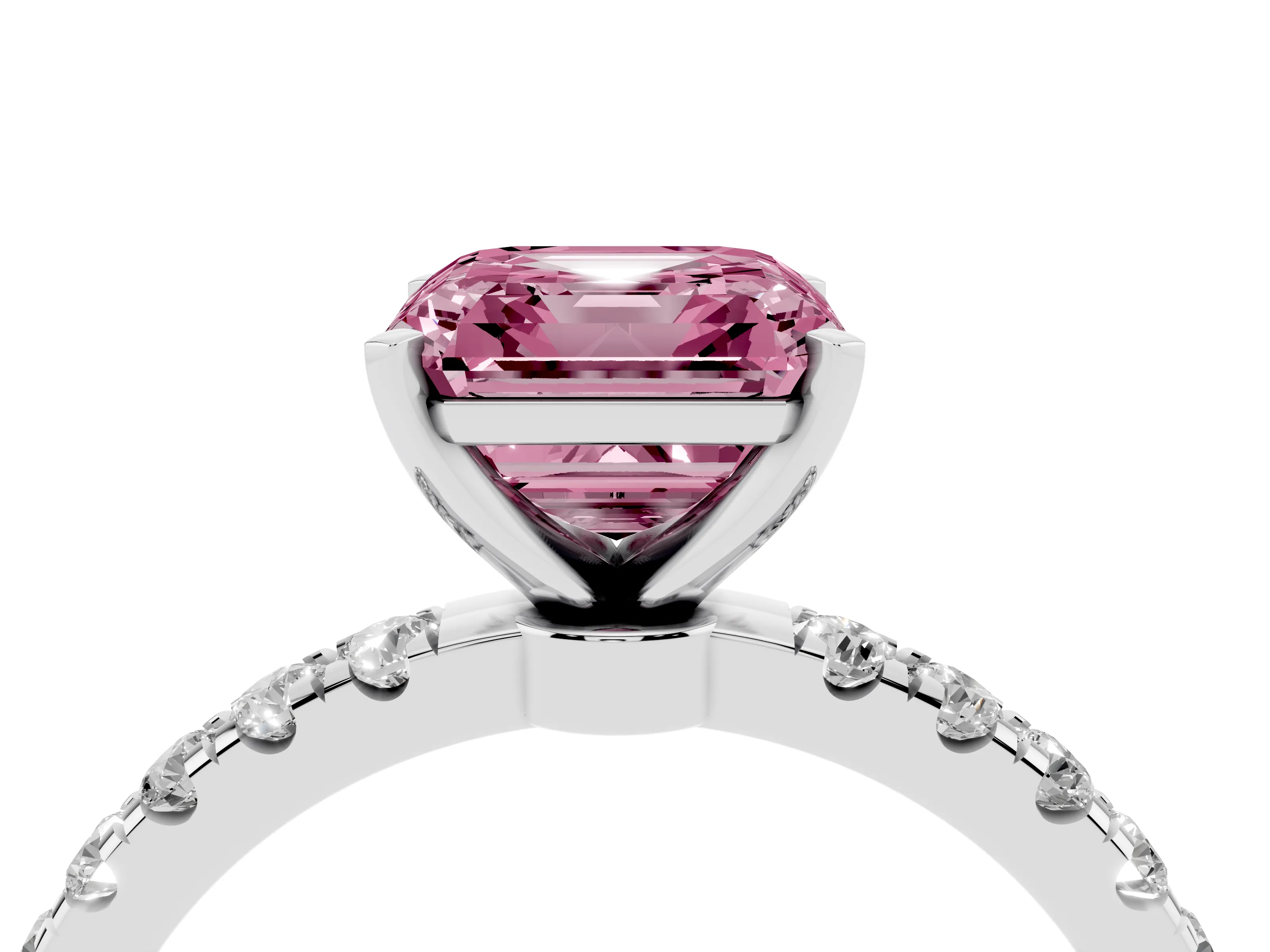 Fancy Pink Asscher Cut Diamond Solitaire Ring Set in Silver with Pavé Accents and Prong Setting