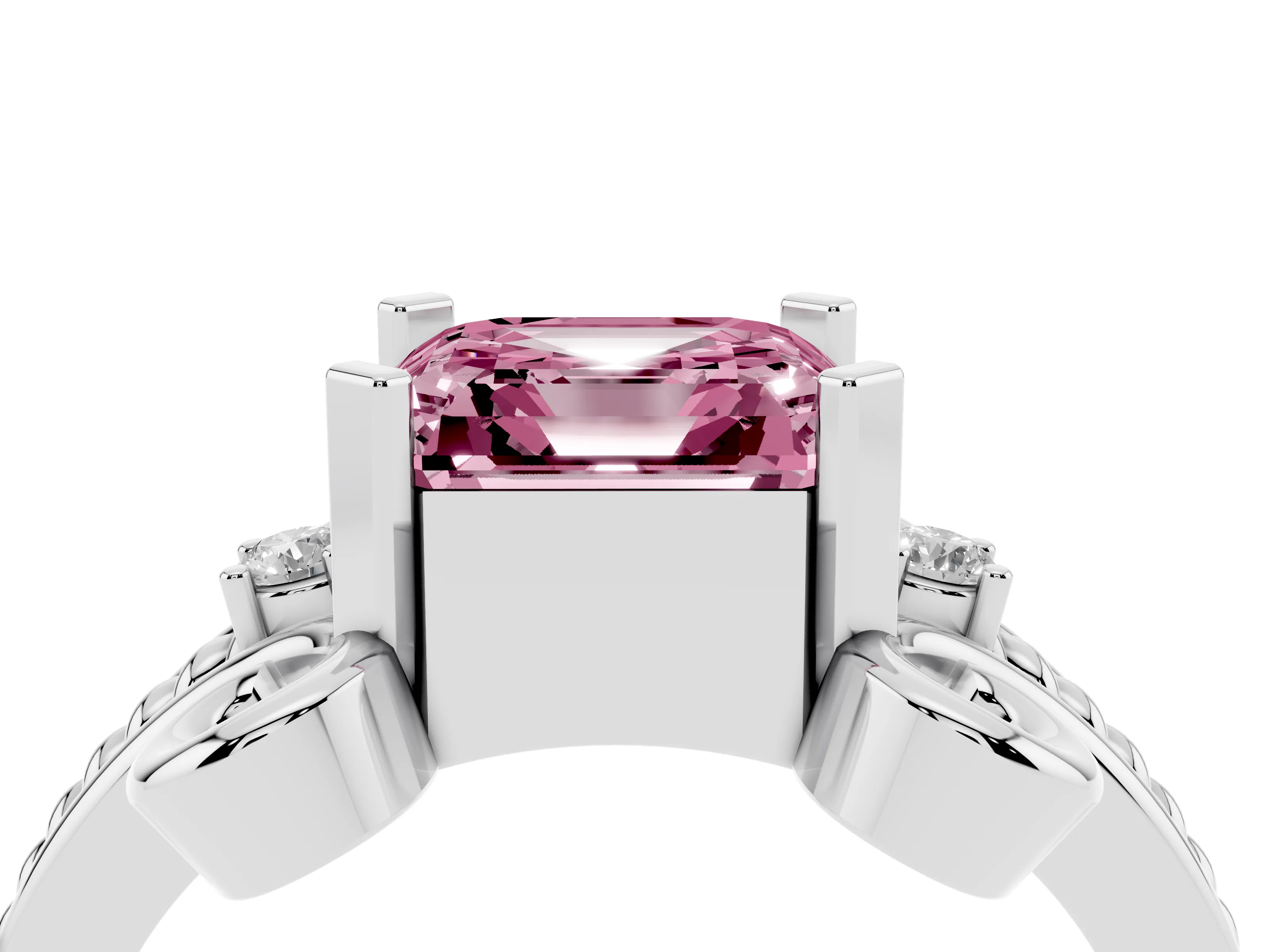 Fancy Pink Asscher Cut Diamond Twisted Band Solitaire Ring Set in Platinum with Scroll Prongs