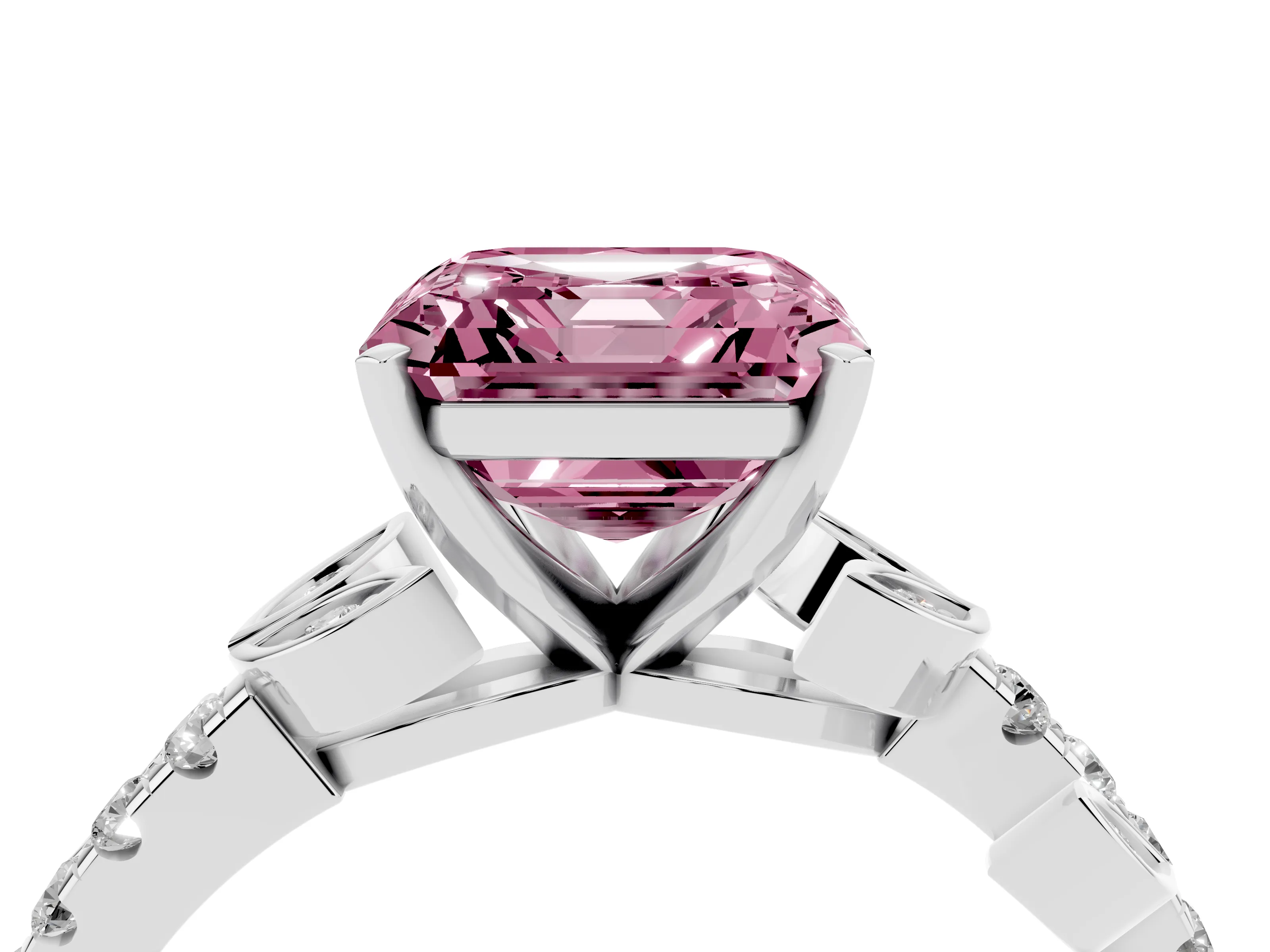 Fancy Pink Asscher Cut Diamond Solitaire Leaf-Inspired Ring Set in Silver with Pavé Band and Prong Setting