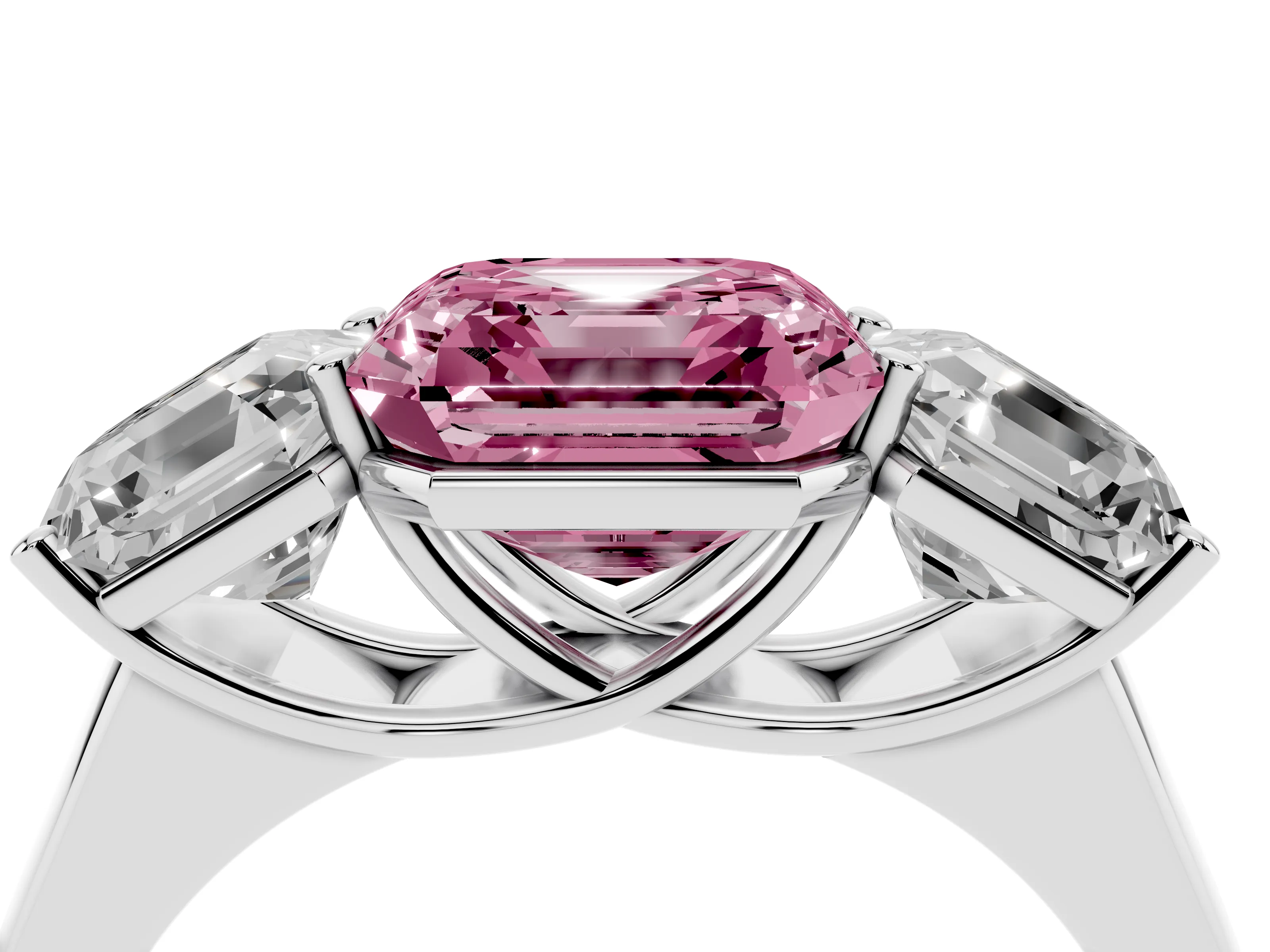Fancy Pink Asscher Cut Diamond Three-Stone Ring Set in White gold with Plain Polished Band