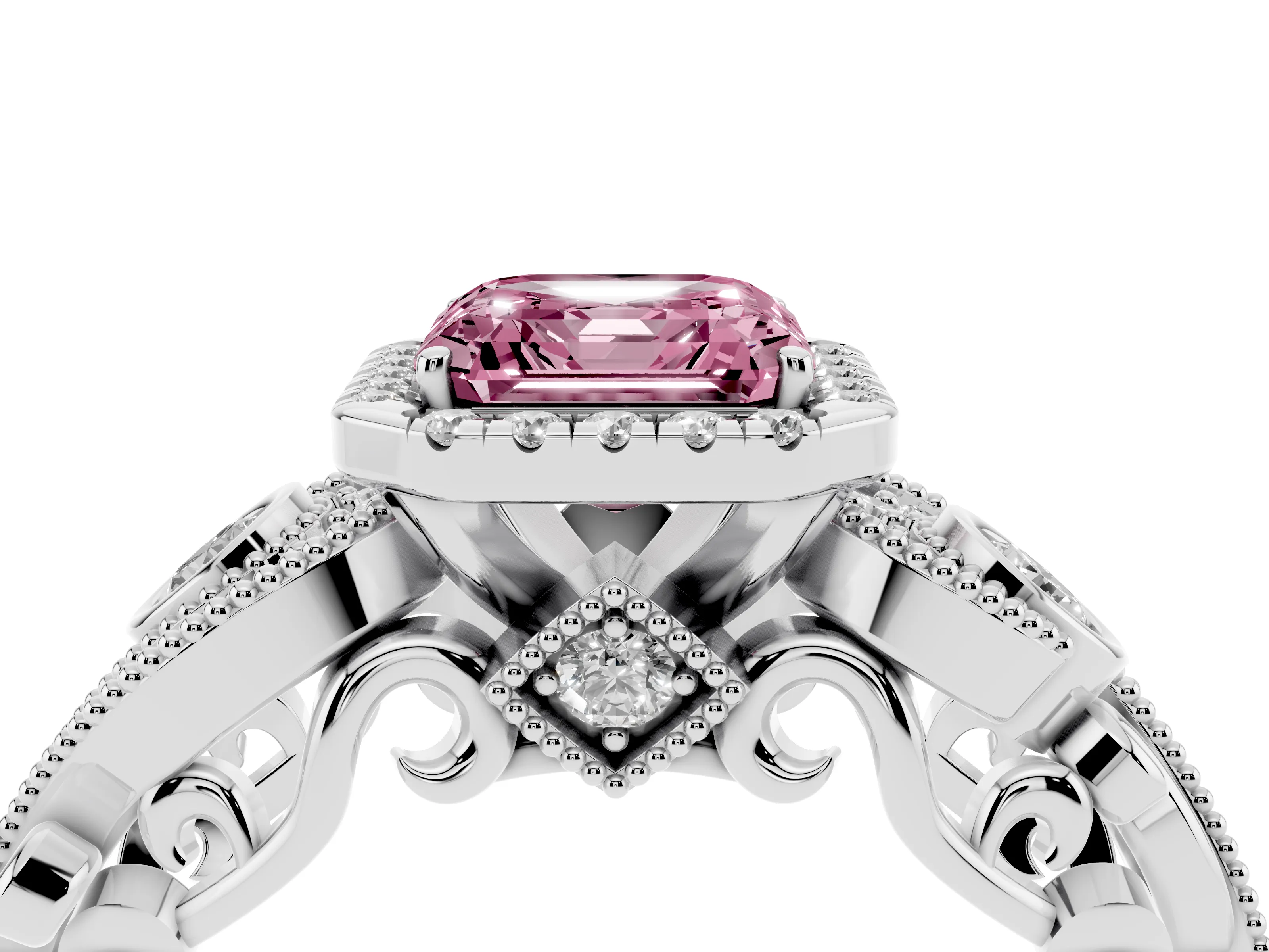 Fancy Pink Asscher Cut Diamond Halo Ring Set in Silver with Milgrain Pavé Band and Prong Setting