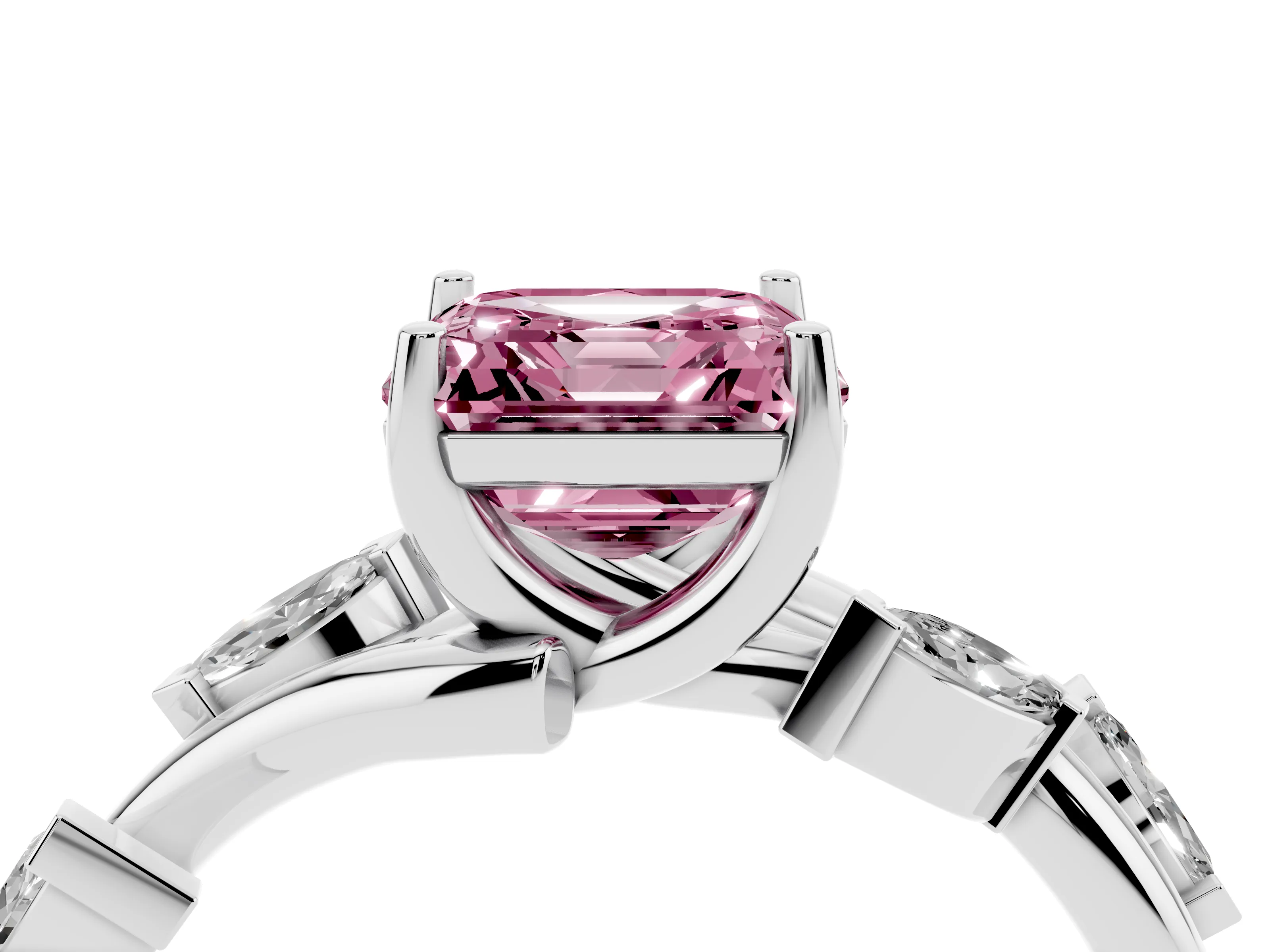 Fancy Pink Asscher Cut Diamond Solitaire Ring Set in White gold with Twisted Marquise Accent Band
