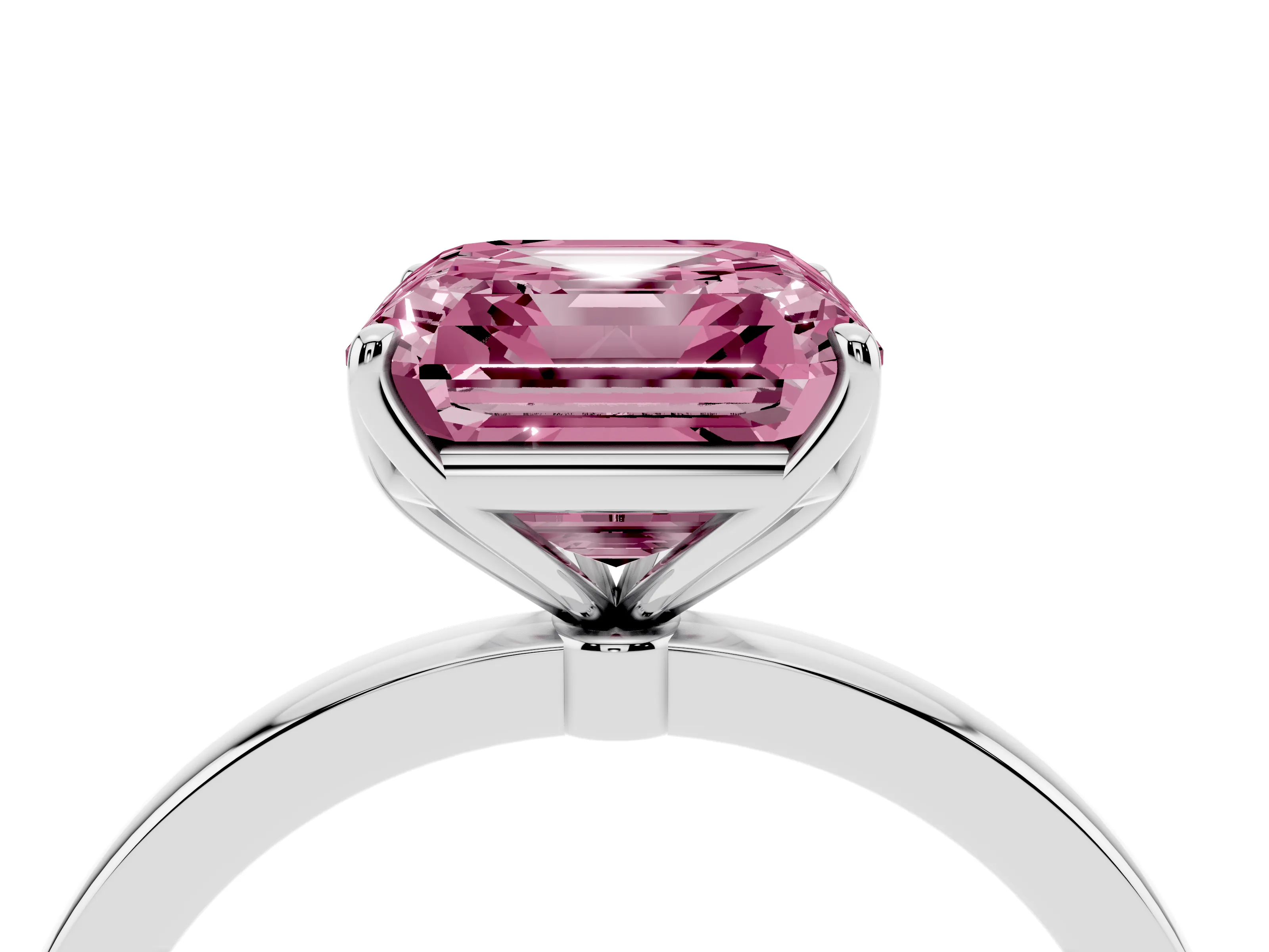 Fancy Pink Asscher Cut Diamond Solitaire Ring Set in Platinum with Prong Setting and Thin Polished Band