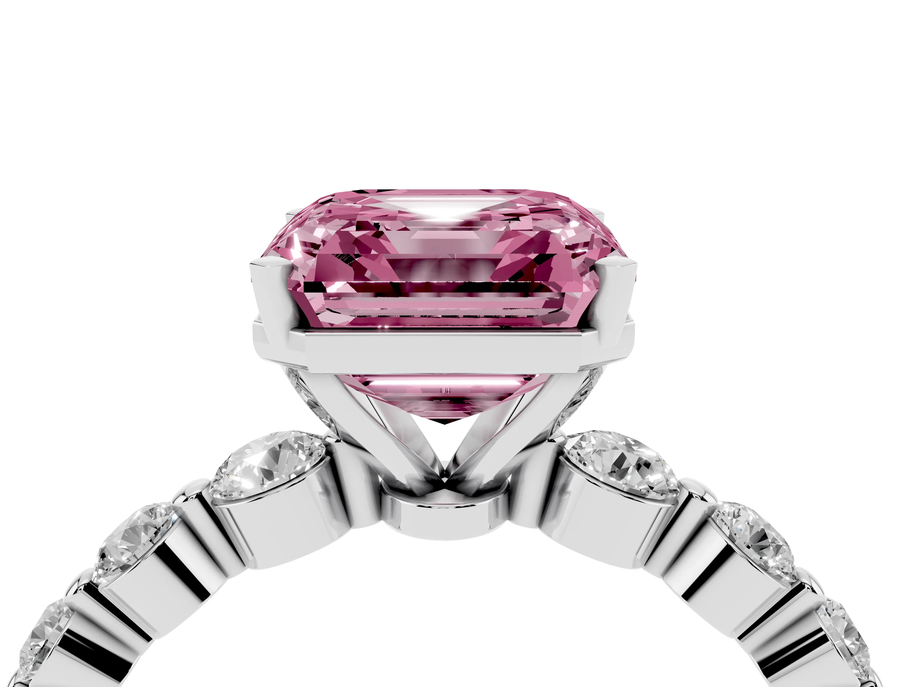 Fancy Pink Asscher Cut Diamond Solitaire Ring Set in Platinum with Pavé Band and Prong Setting