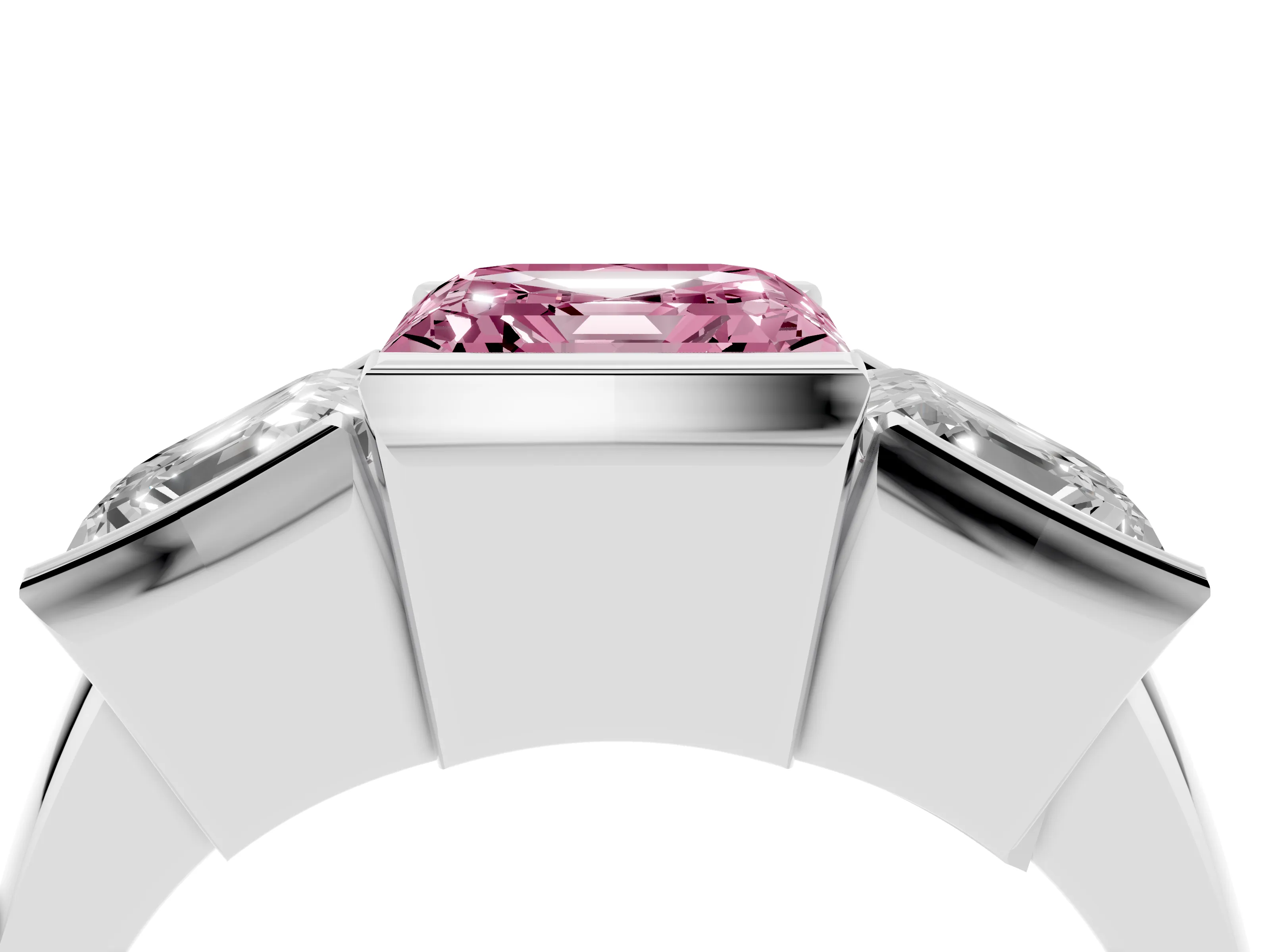 Fancy Pink Asscher Cut Diamond Three-Stone Channel Set Ring Set in White gold with Smooth Polished Band