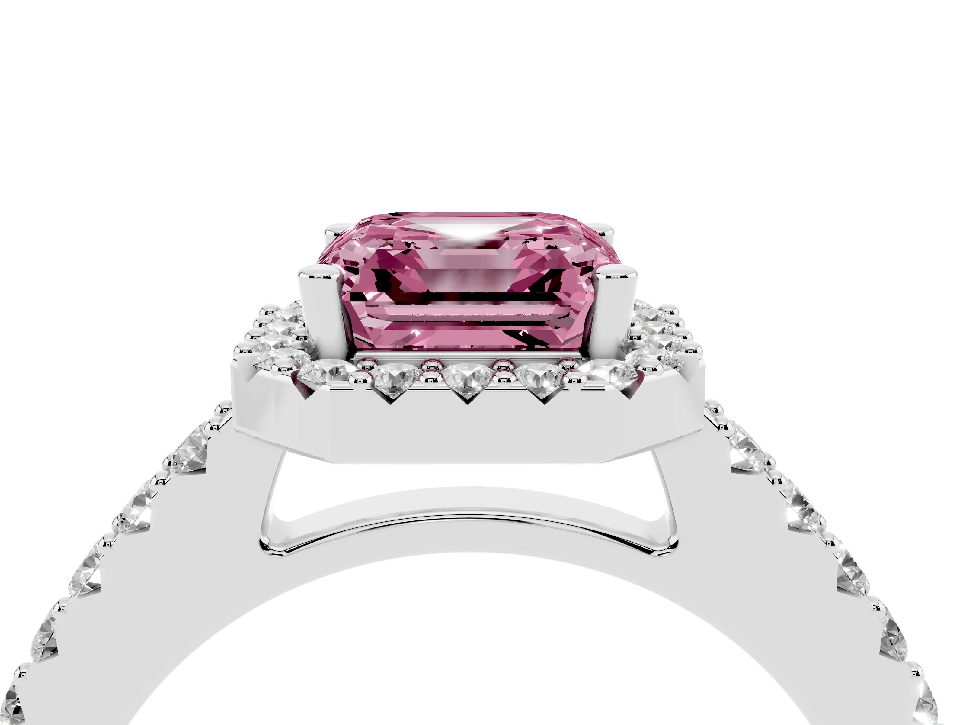 Fancy Pink Asscher Cut Diamond Halo Pavé Solitaire Ring Set in Platinum with Prong-Set Center Stone