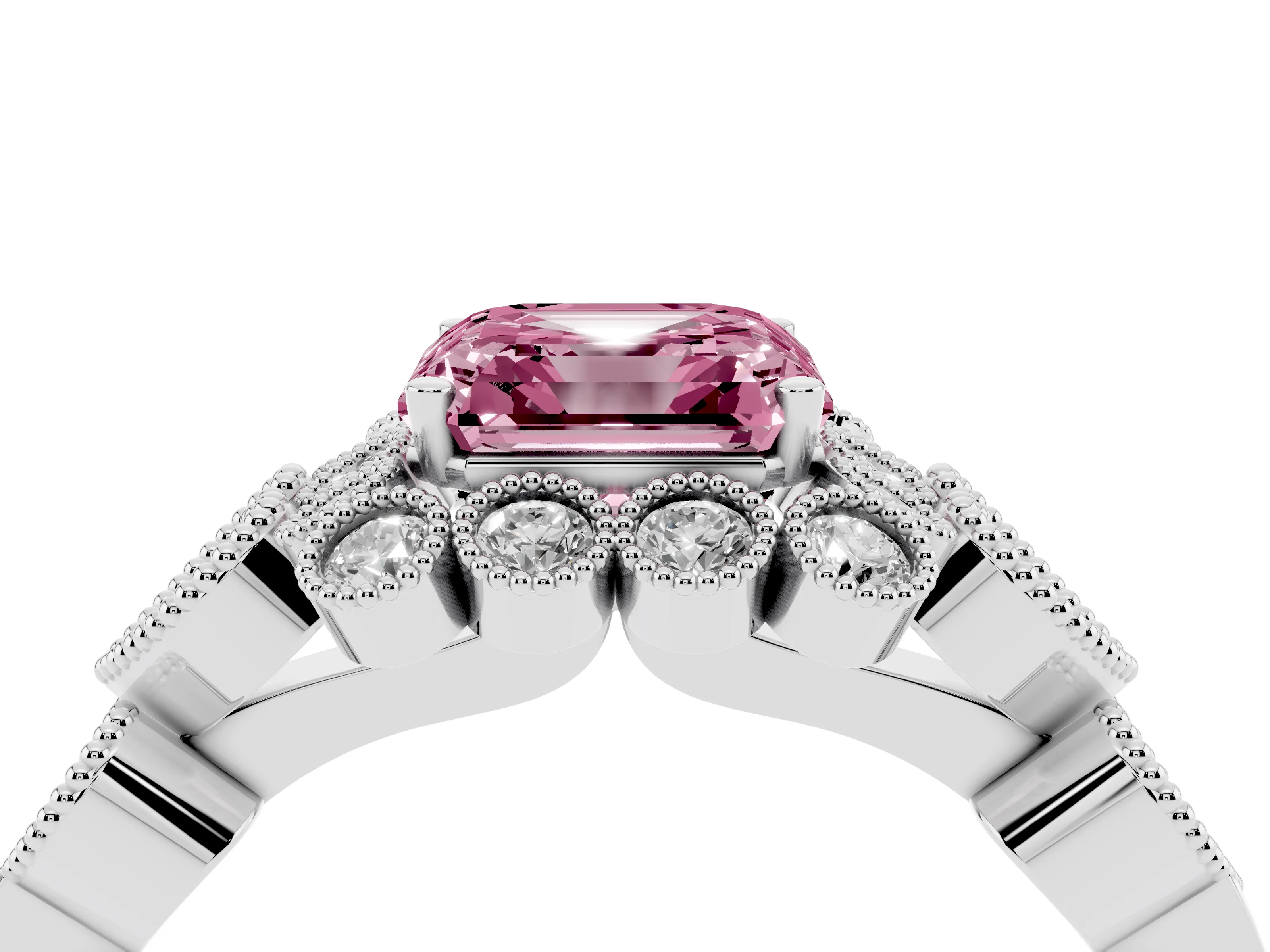 Fancy Pink Asscher Cut Diamond Solitaire Ring Set in Platinum with Milgrain Pavé Heart Band