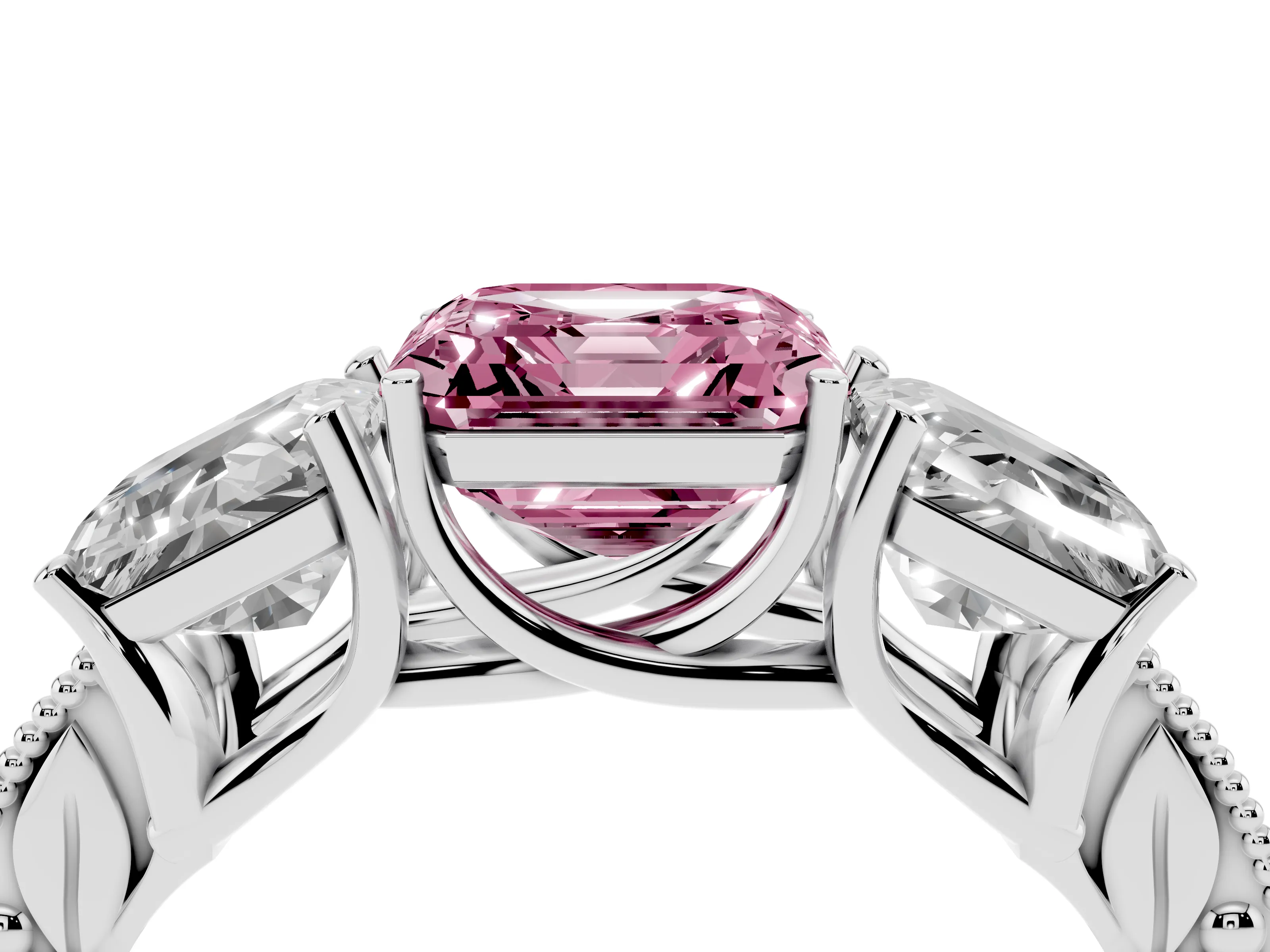 Fancy Pink Asscher Cut Diamond Three-Stone Engagement Ring Set in Silver with Milgrain Pavé Band