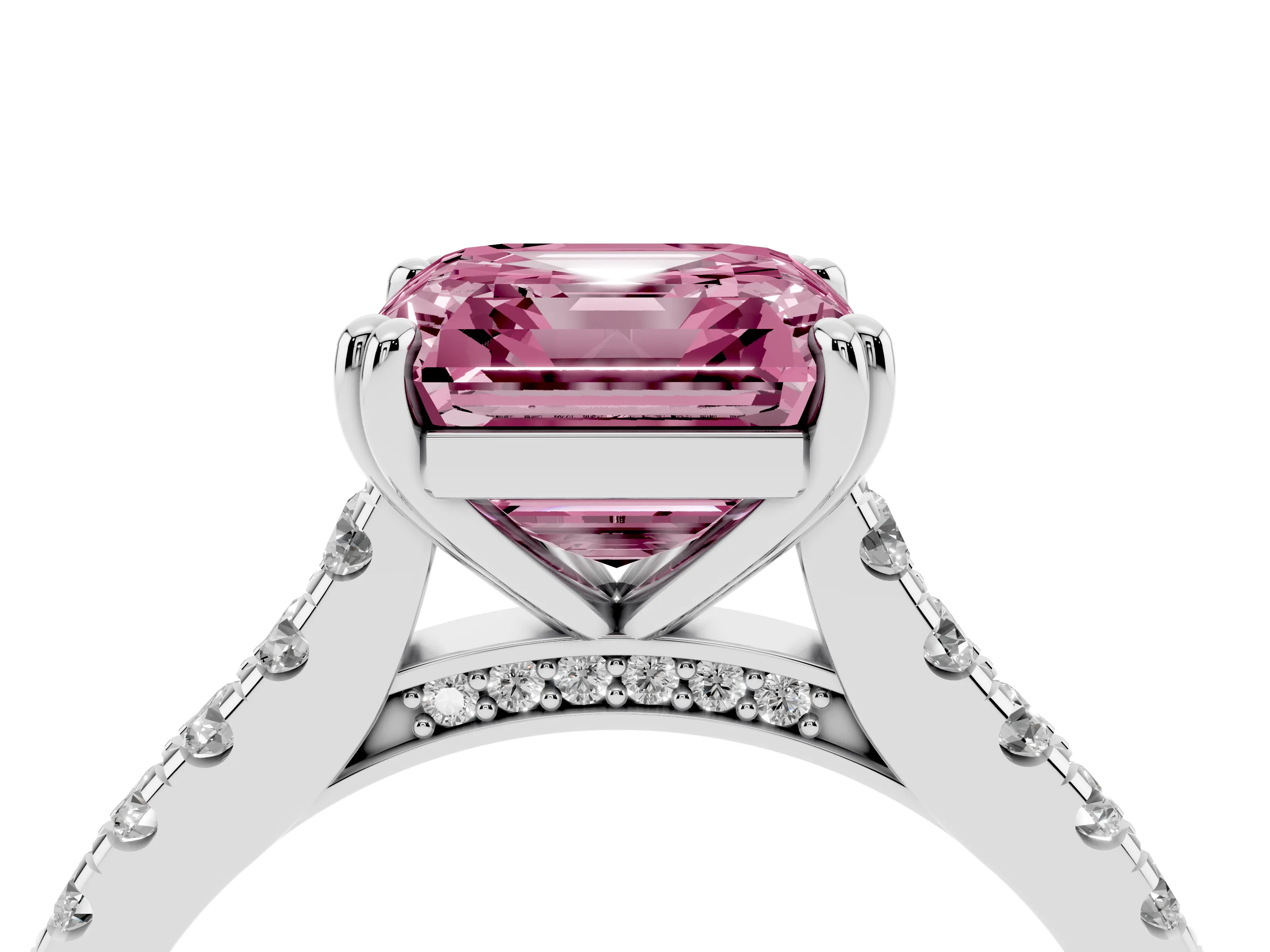 Fancy Pink Asscher Cut Diamond Solitaire Engagement Ring Set in Platinum with Pavé Accents and Prong Setting