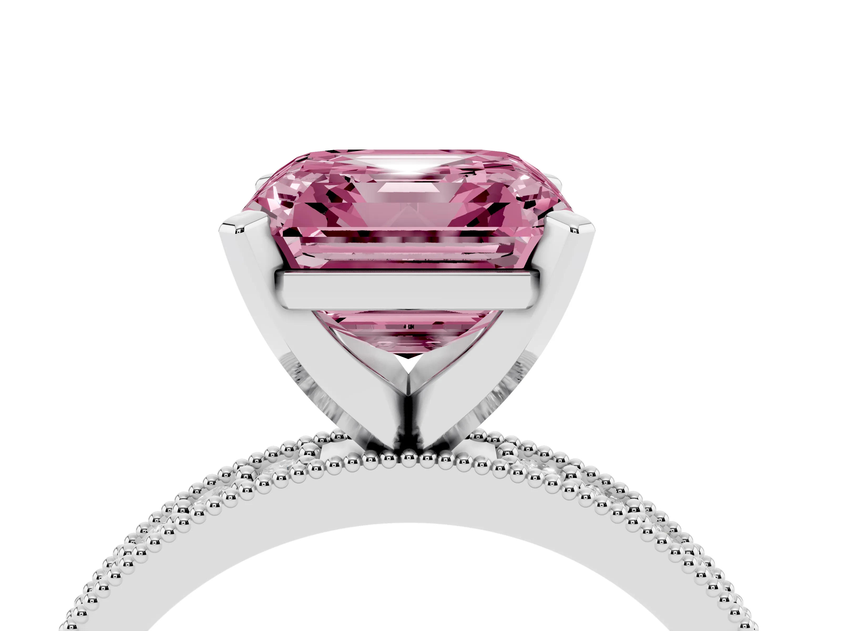 Fancy Pink Asscher Cut Diamond Milgrain Pavé Engagement Ring Set in Platinum with Prong Setting