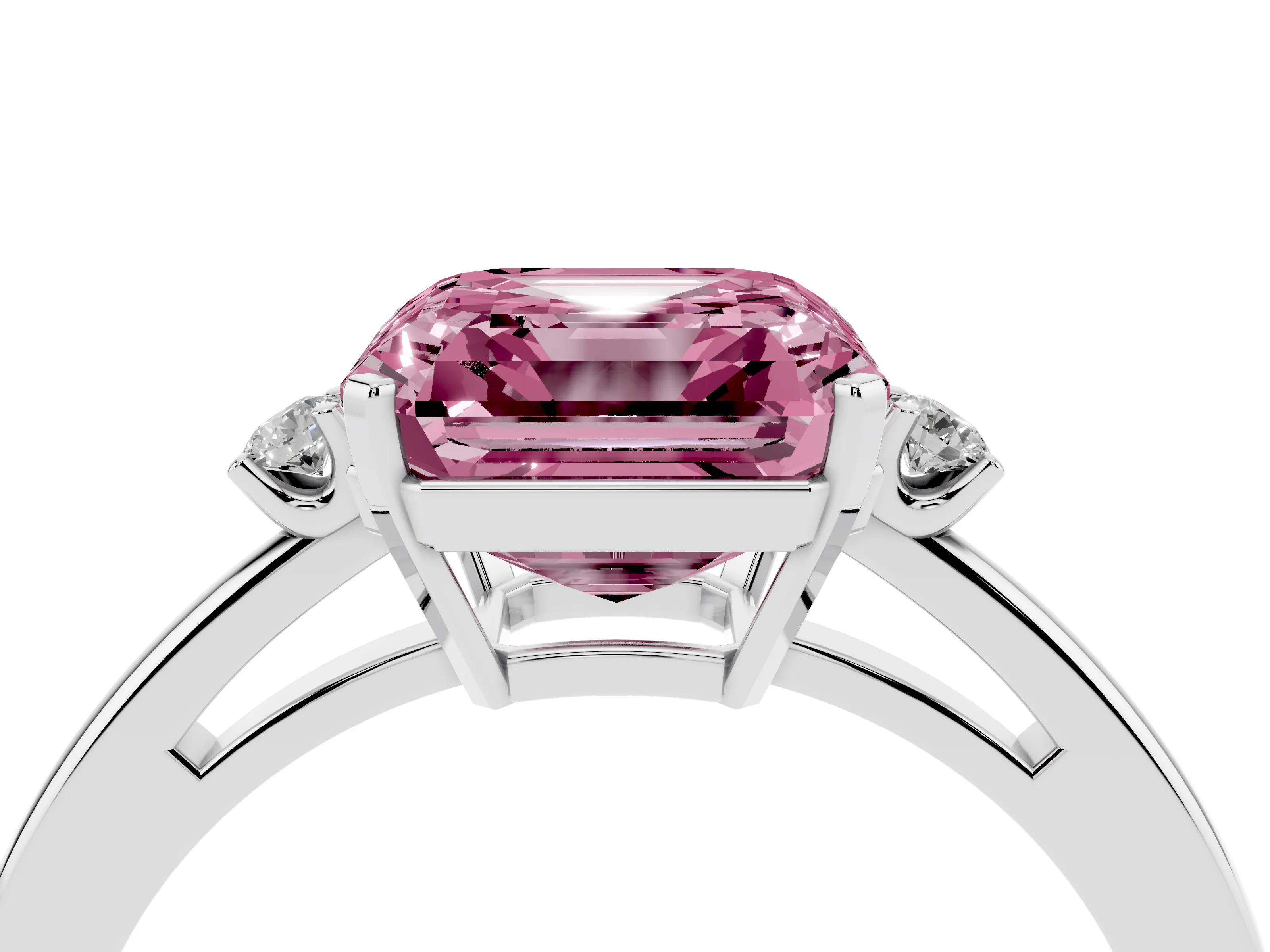 Fancy Pink Three-Stone Asscher Cut Diamond Solitaire Ring Set in Silver with Round Accent Stones and Prong Setting
