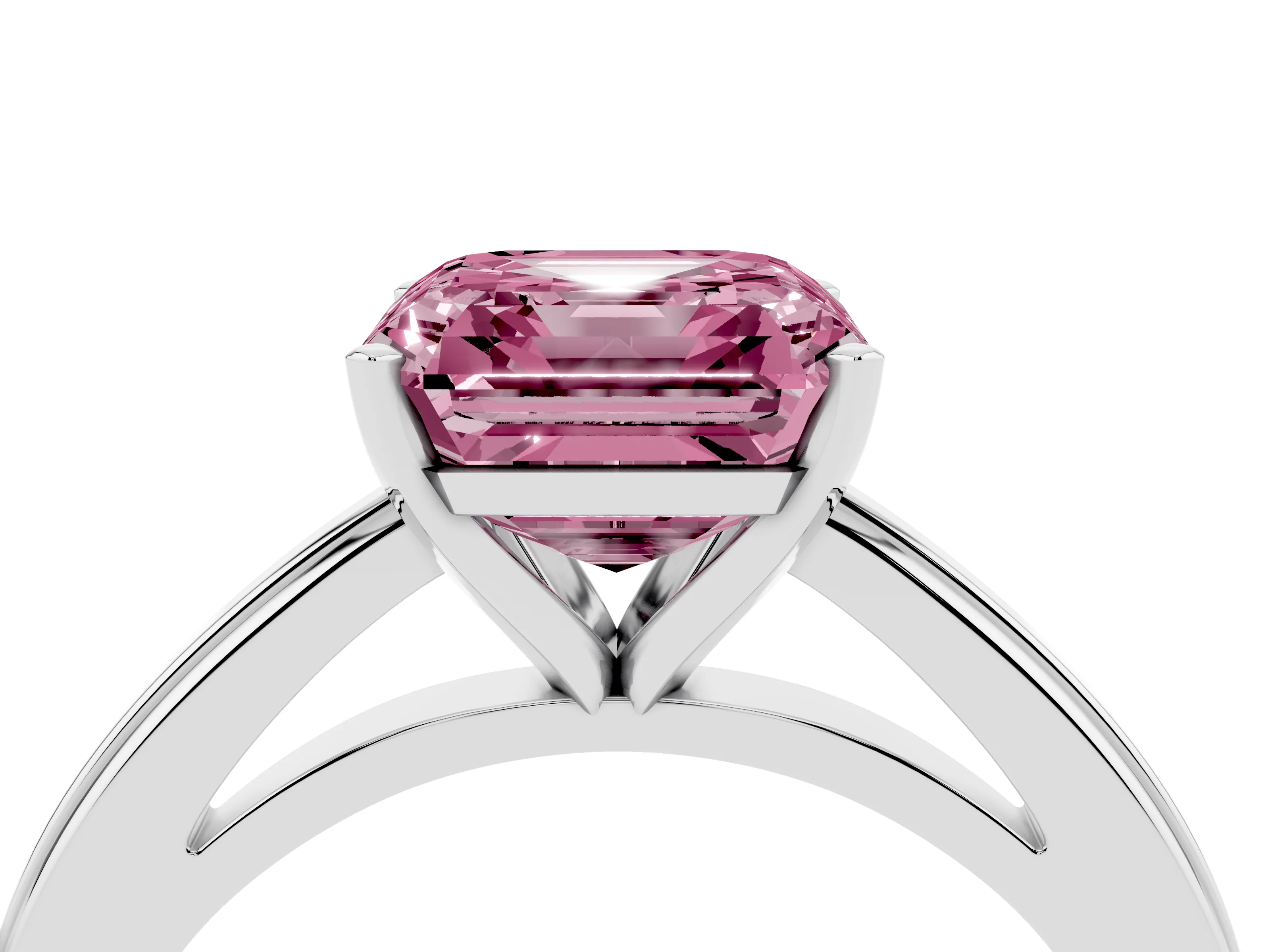Fancy Pink Asscher Cut Diamond Solitaire Ring Set in White gold with Prong Setting and Classic Band