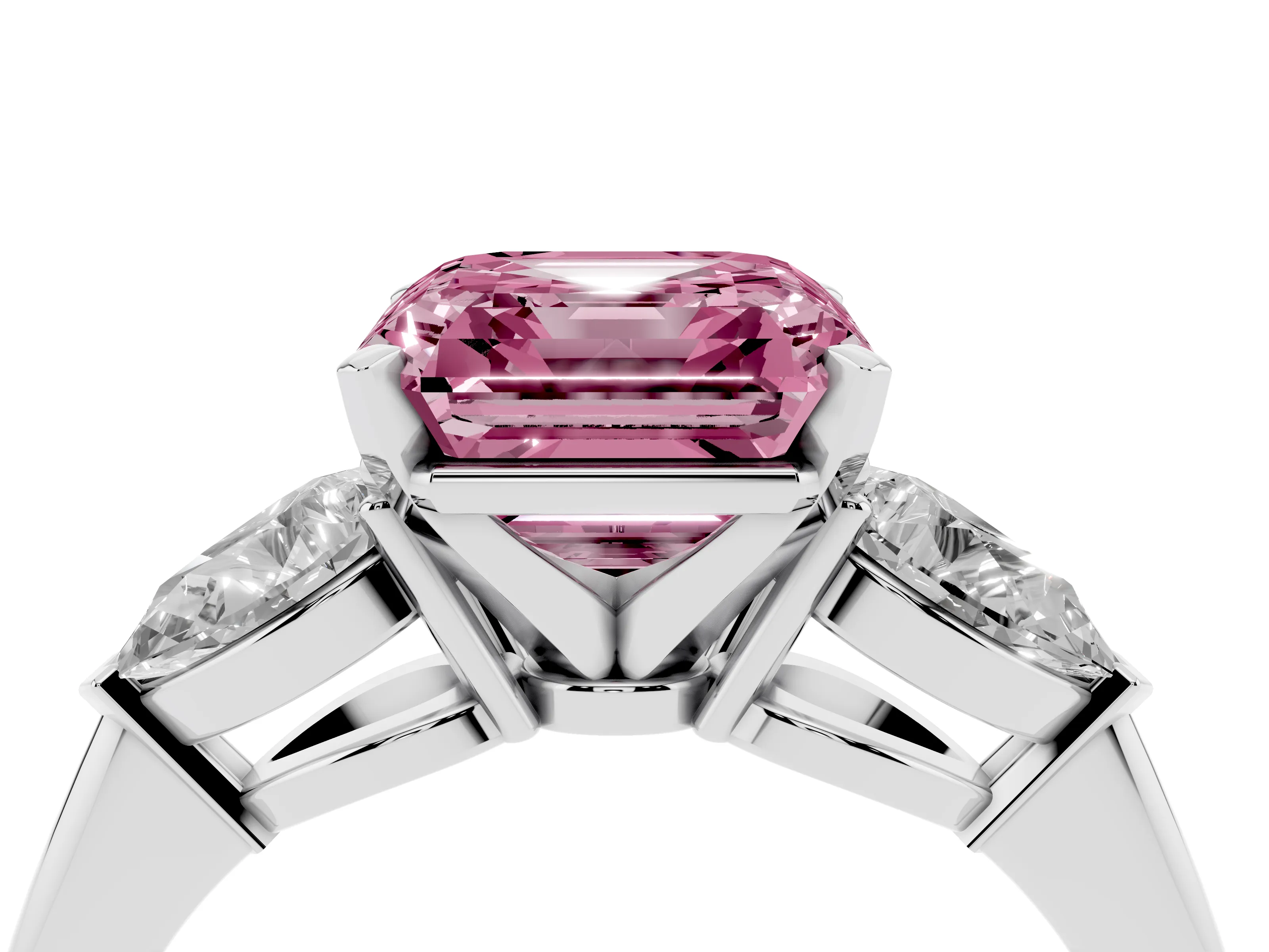 Fancy Pink Three-Stone Asscher Cut Diamond Ring Set in Silver with Pear Side Stones and Prong Setting