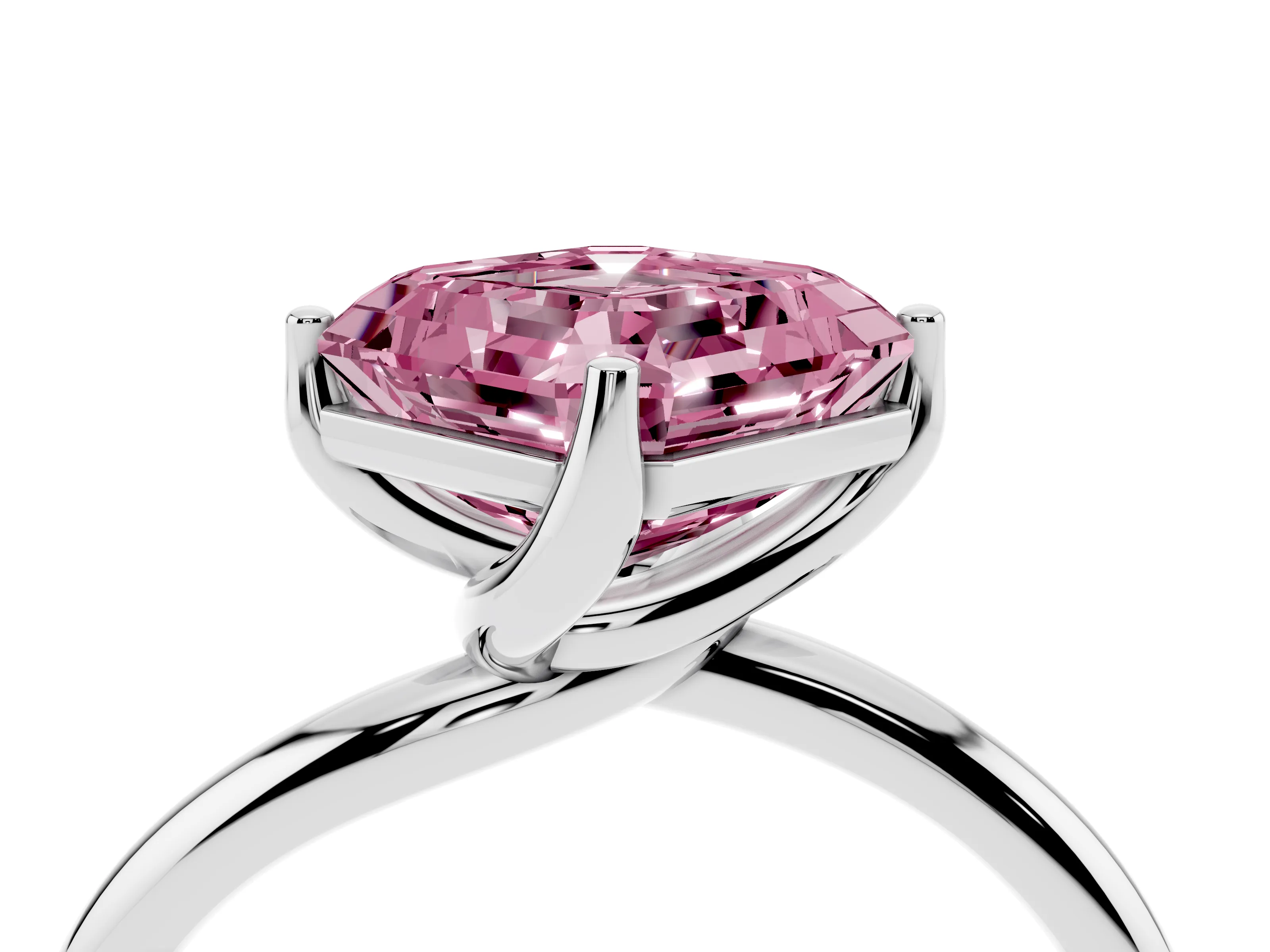 Fancy Pink Asscher Cut Diamond Solitaire Engagement Ring Set in White gold with Classic Plain Band